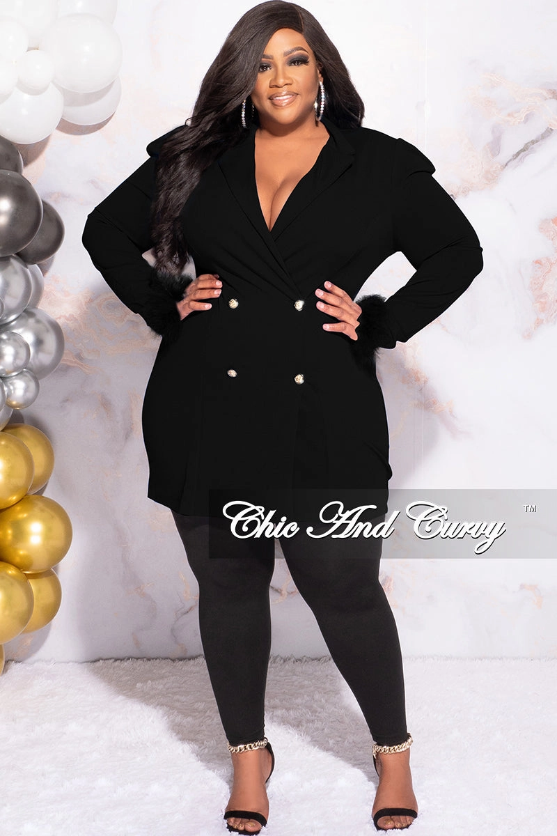 Available Online Only - Final Sale Plus Size Button Blazer Dress with Feather Cuffs in Black UV protection layer