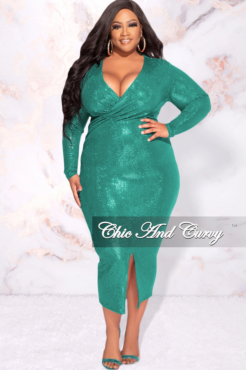 DurableBlend UltraFineMesh Available Online Only - Final Sale Plus Size Faux Sequin Faux Wrap Bodycon  Dress with Front Slit in Green