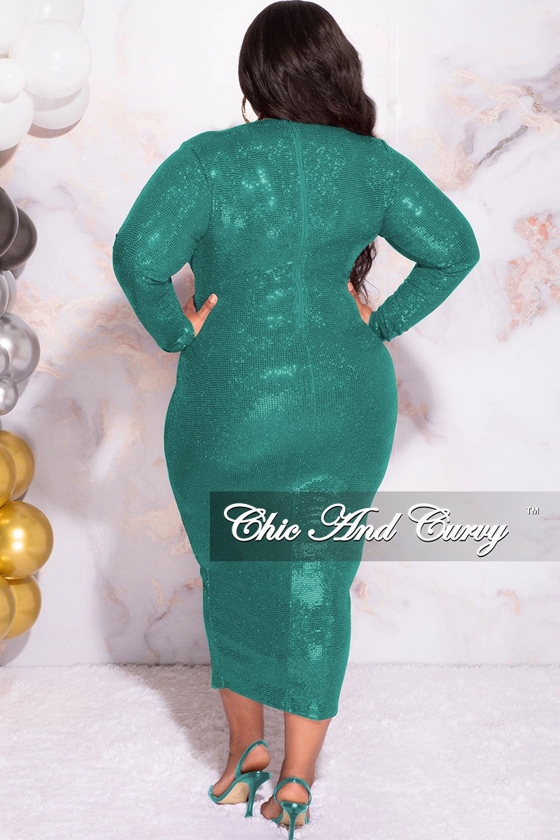 Available Online Only - Final Sale Plus Size Faux Sequin Faux Wrap Bodycon  Dress with Front Slit in Green Butter Soft Handfeel Versatile Design
