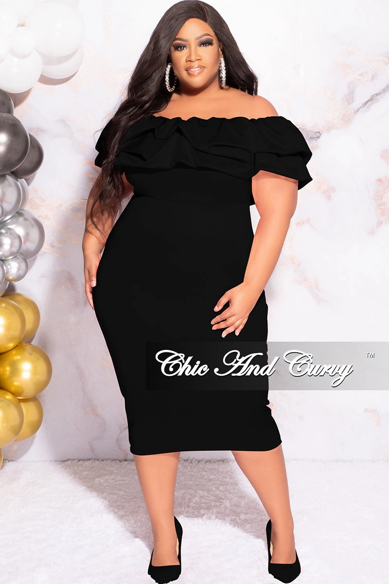 Available Online Only - Final Sale Plus Size Off the Shoulder Ruffle BodyCon Dress in Black Multi Pocket Configuration Thermoregulating Fabric