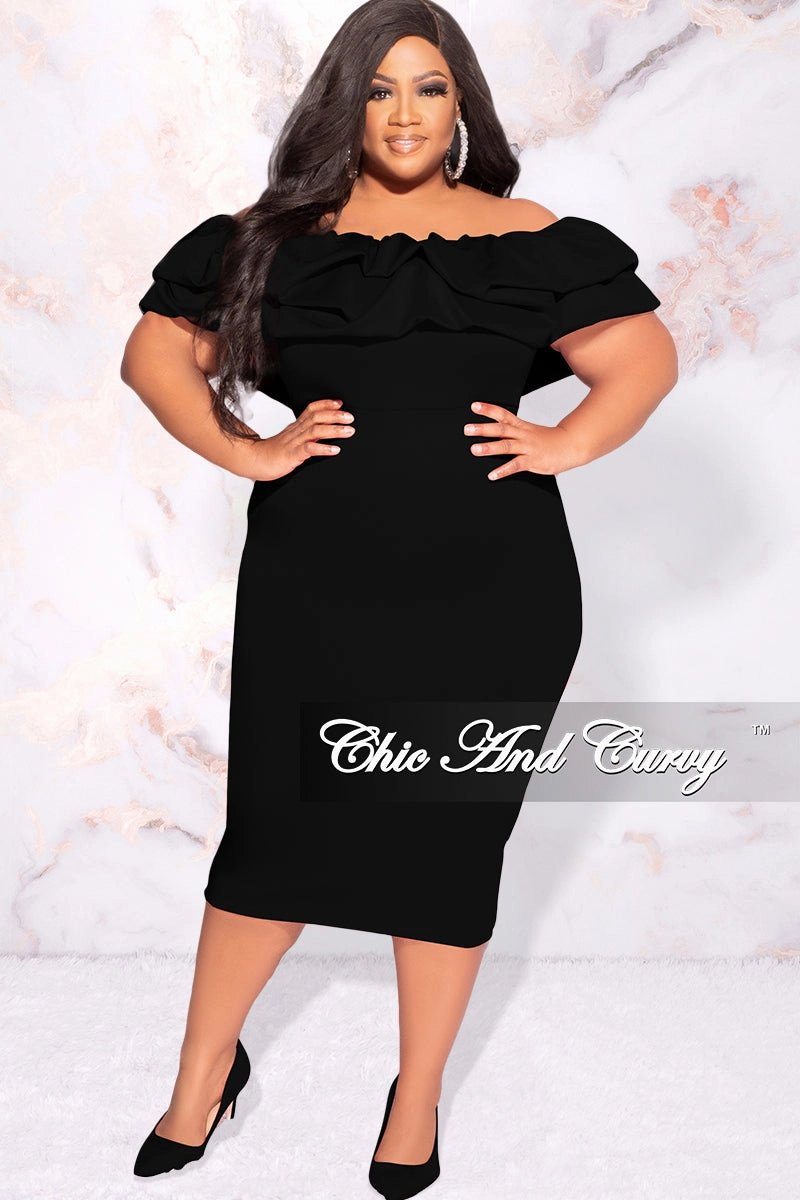 Active Design Available Online Only - Final Sale Plus Size Off the Shoulder Ruffle BodyCon Dress in Black