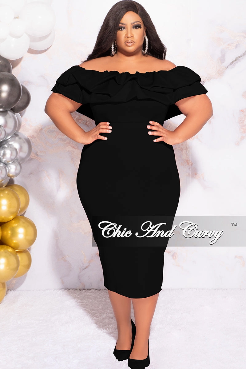 ElasticEdgeBinding Compression Fit Engineering Available Online Only - Final Sale Plus Size Off the Shoulder Ruffle BodyCon Dress in Black