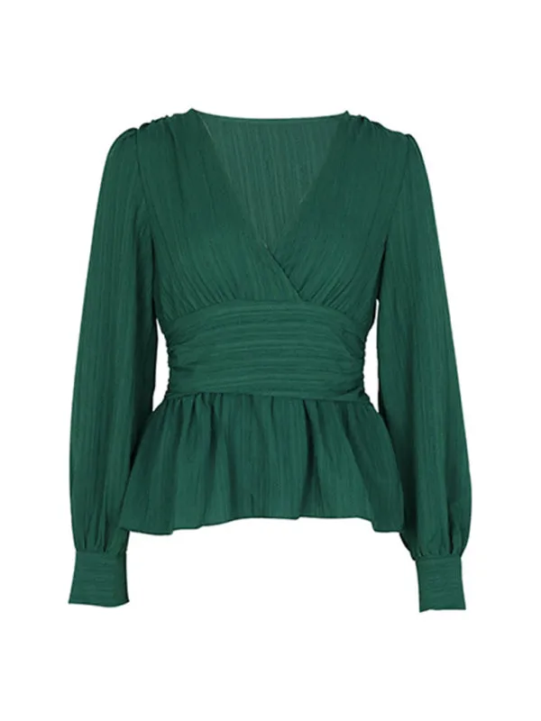 Avalee Women's New Solid Color V-Neck Long-Sleeved Waist Shirt