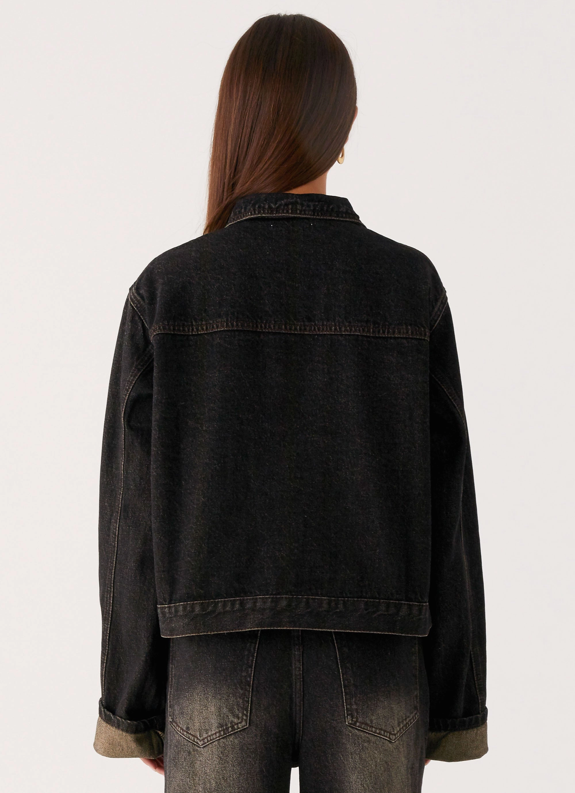 Back Again Oversized Denim Jacket - Acid Charcoal Non Iron Fabric Tech
