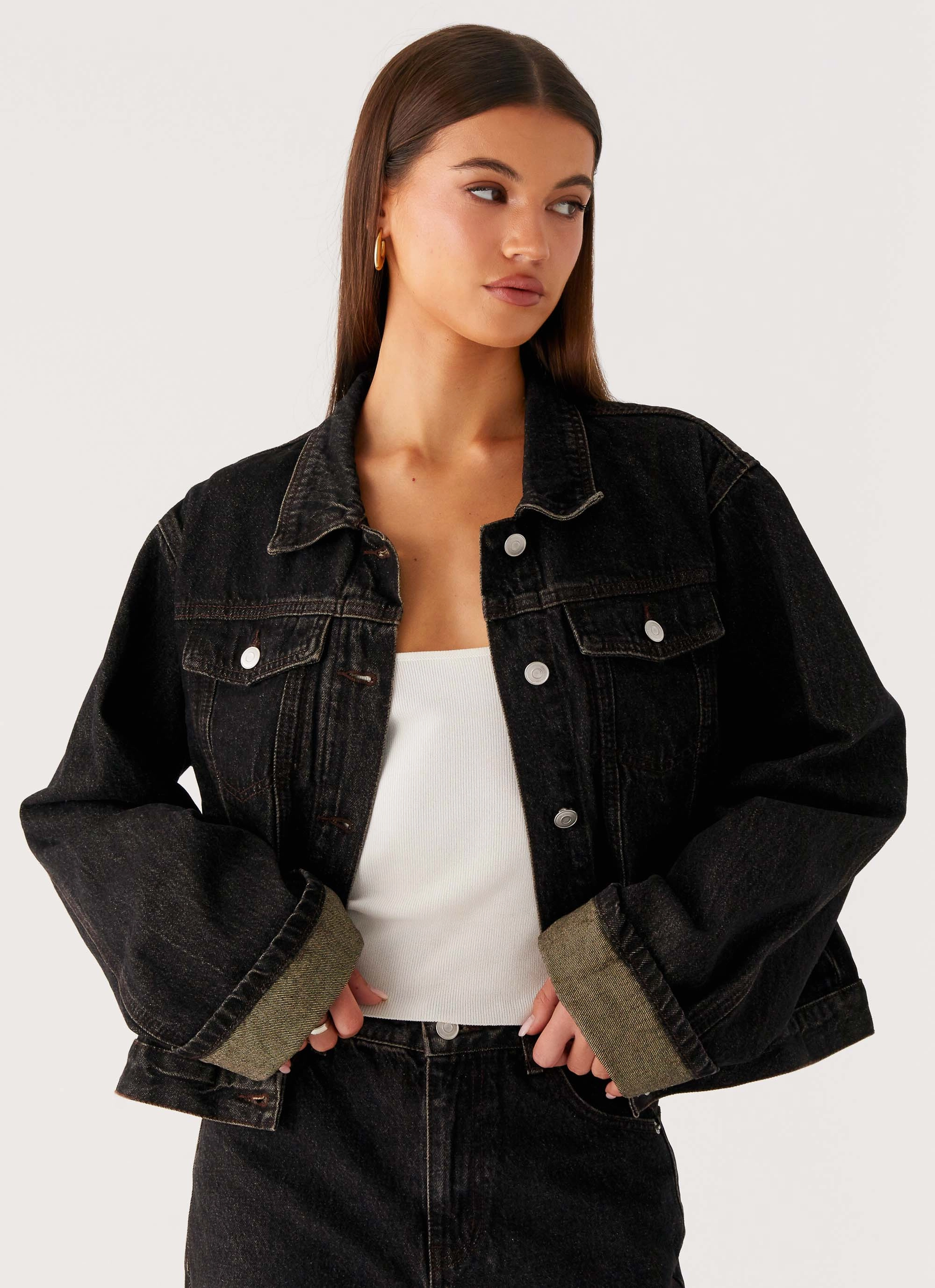 Back Again Oversized Denim Jacket - Acid Charcoal Multi Pocket Layout Removable Hood