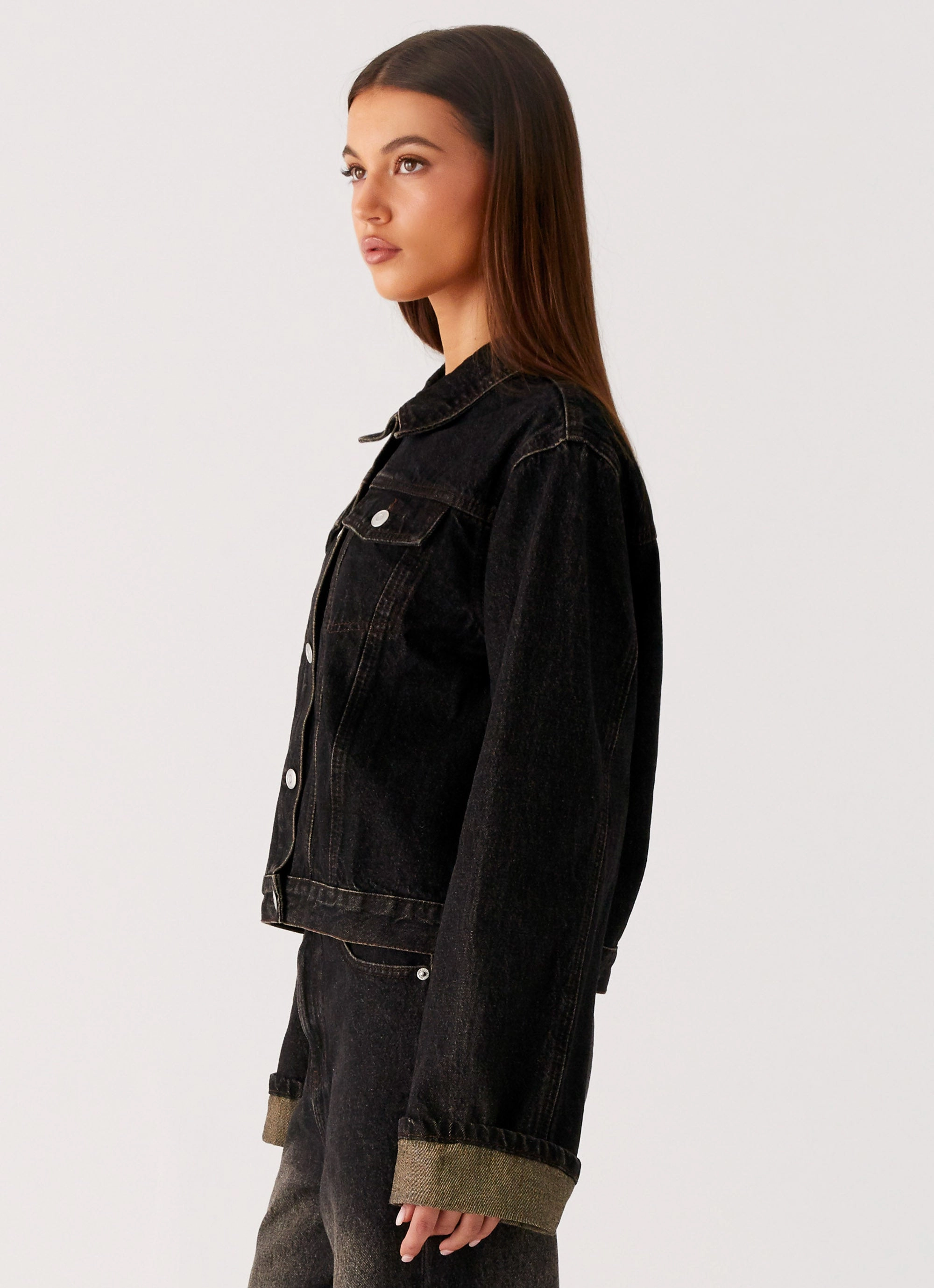 Flexible Hood Design Solid Color Back Again Oversized Denim Jacket - Acid Charcoal