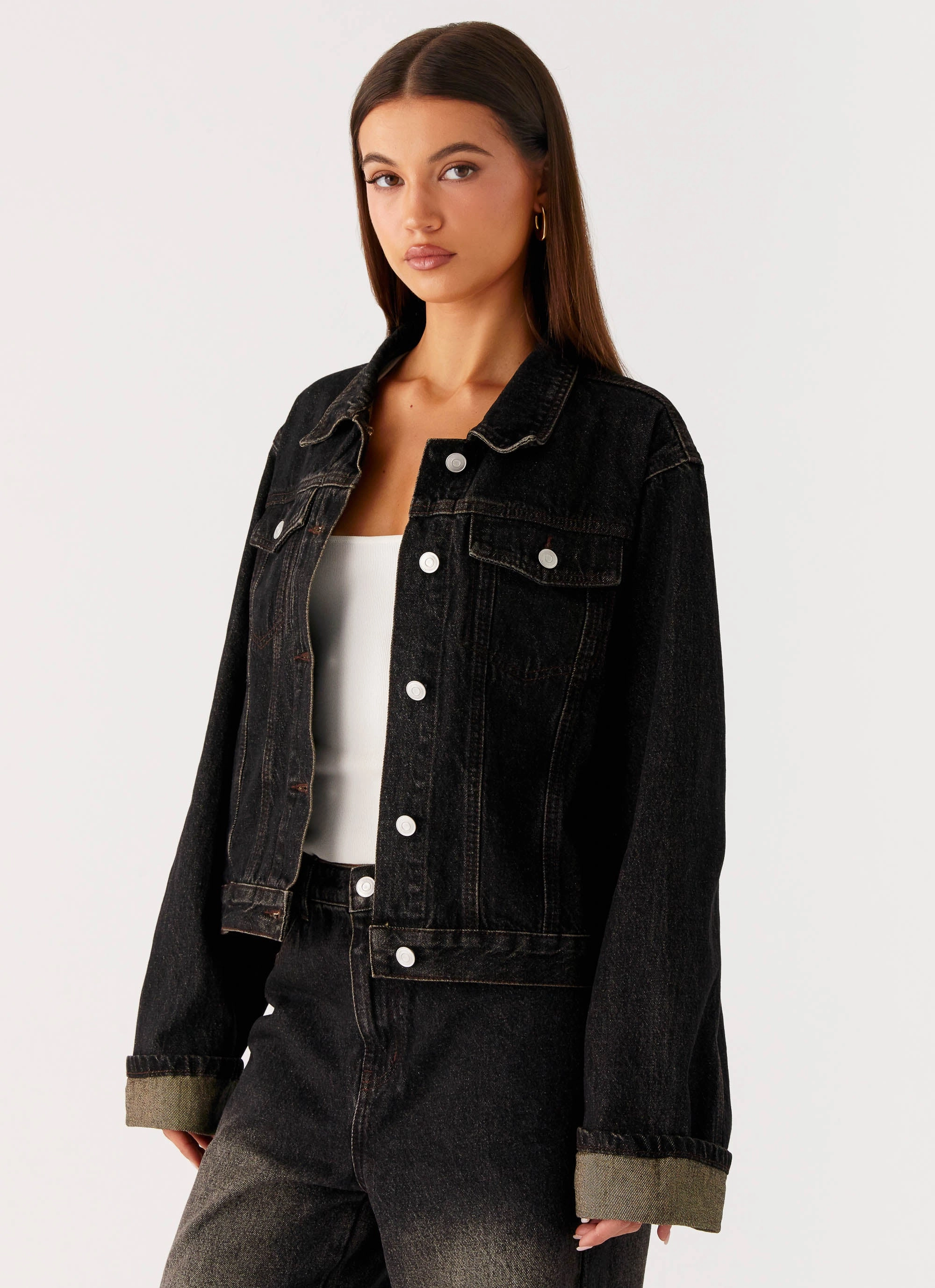 Back Again Oversized Denim Jacket - Acid Charcoal Casual Staple Moisture Management Fabric