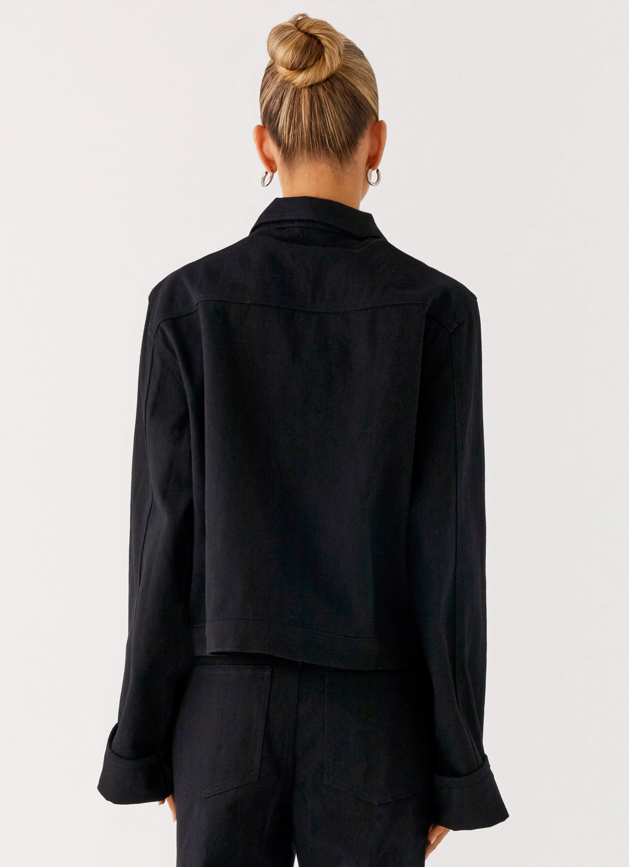 Back Again Oversized Denim Jacket - Black Structured Casual Fit DoubleLayeredEdges