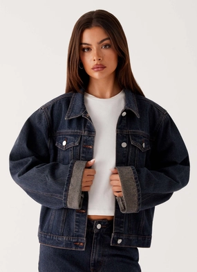 Back Again Oversized Denim Jacket - Brown Blue Acid Wash Fade Resistant Exterior
