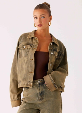 Back Again Oversized Denim Jacket - Brown Sand Wash Belted Waist Eco Friendly
