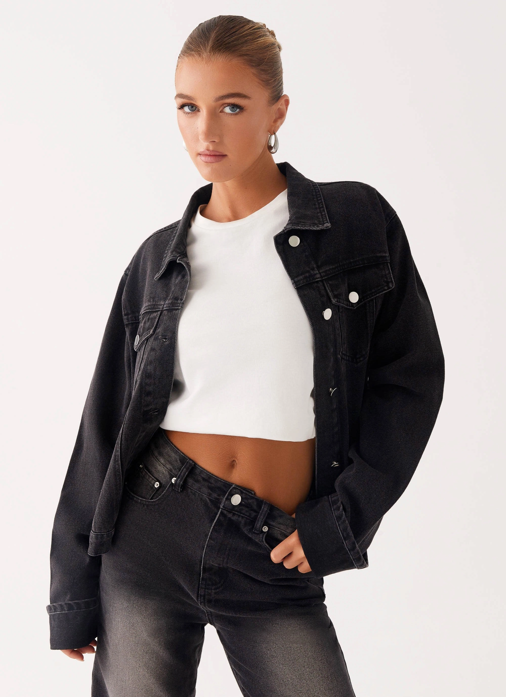 Back Again Oversized Denim Jacket - Charcoal Wash Vegan Fabric Mild Weather Layer
