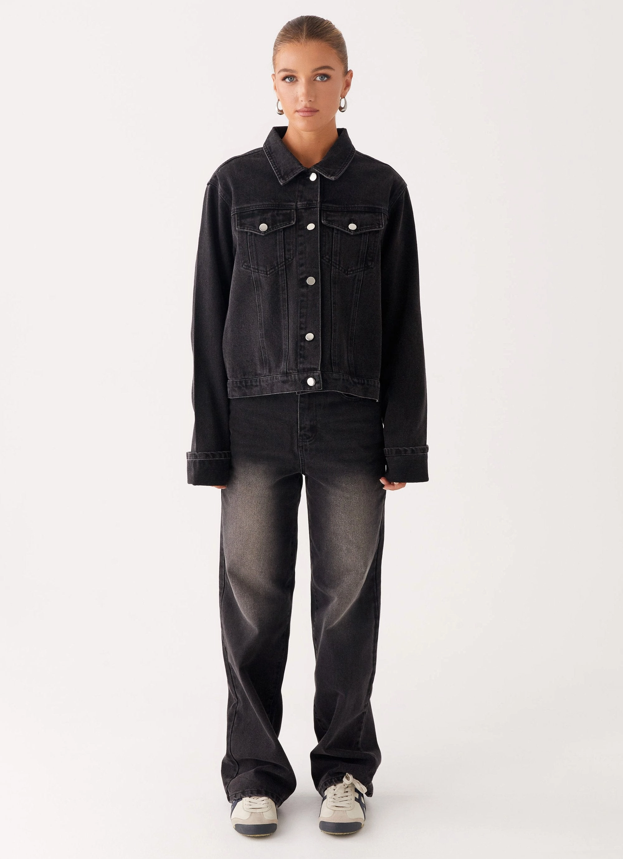 Back Again Oversized Denim Jacket - Charcoal Wash BreathableFabric Warmth Retention Technology