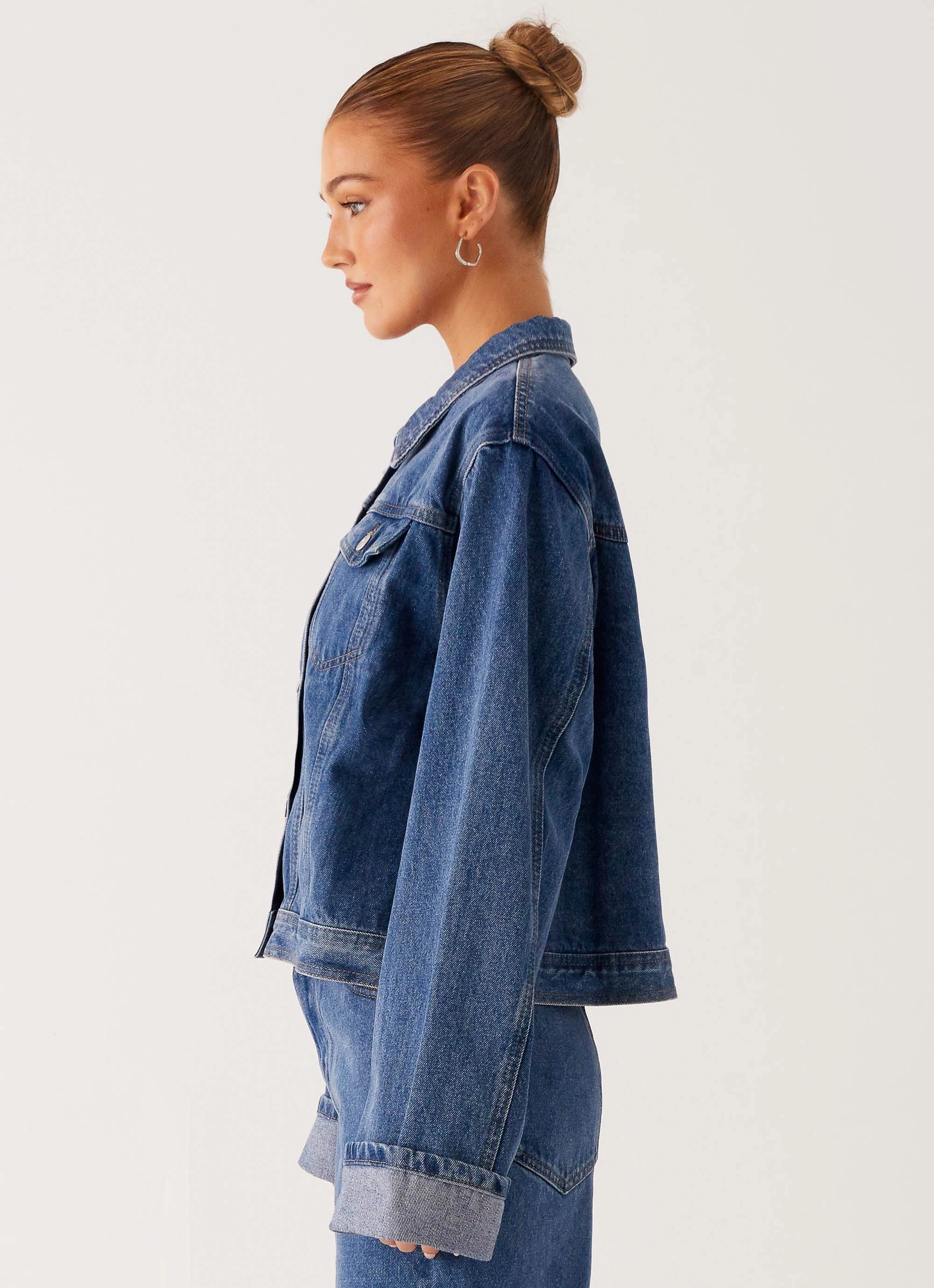 Calm Day Fit Flexible Cuffs Back Again Oversized Denim Jacket - True Blue
