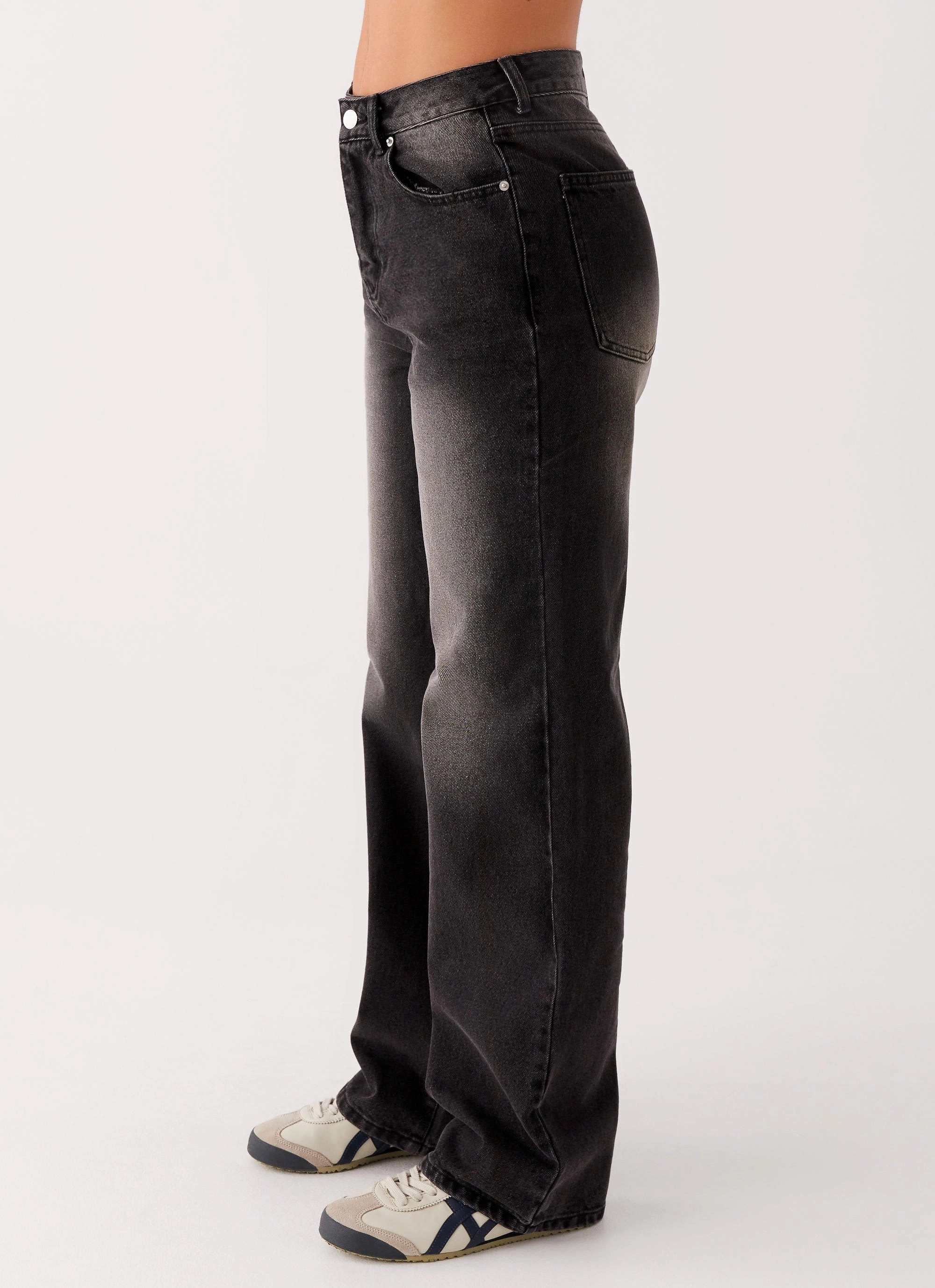 Back Again Straight Leg Denim Jeans - Charcoal Wash Sporty Look
