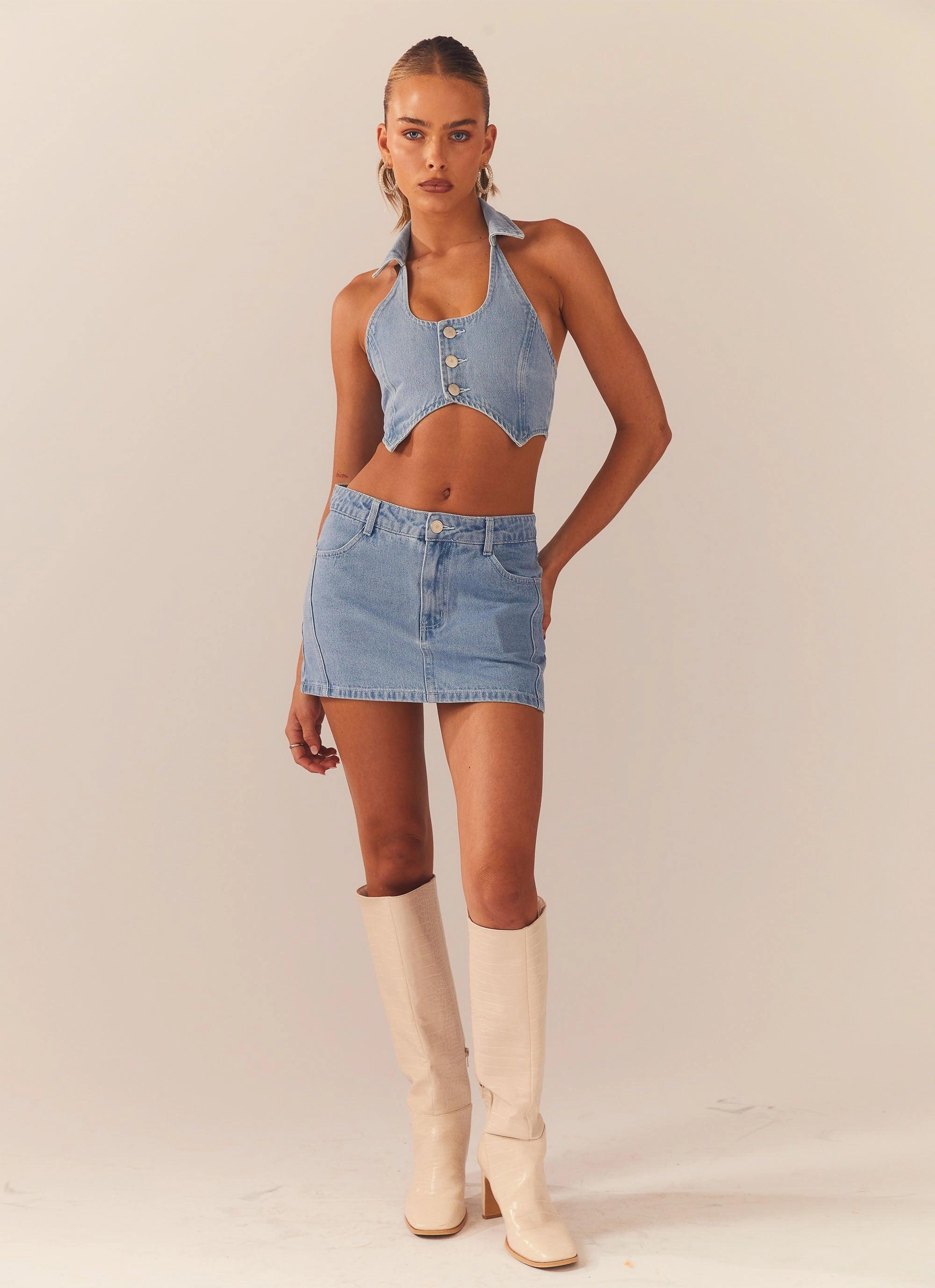 Backstage Pass Denim Vest top - Subdued Blue Overlock Edging