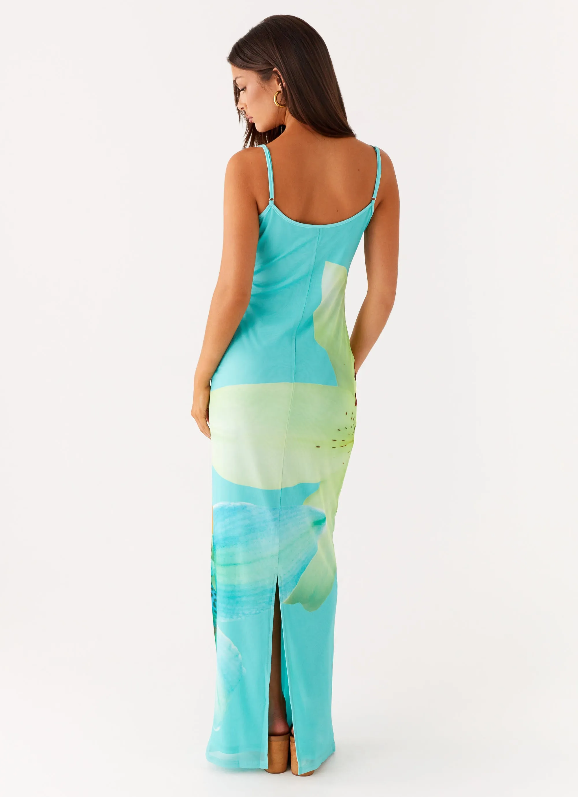 Bad News Mesh Maxi Dress - Turquoise Floral Curvy Glam Pleat-Front