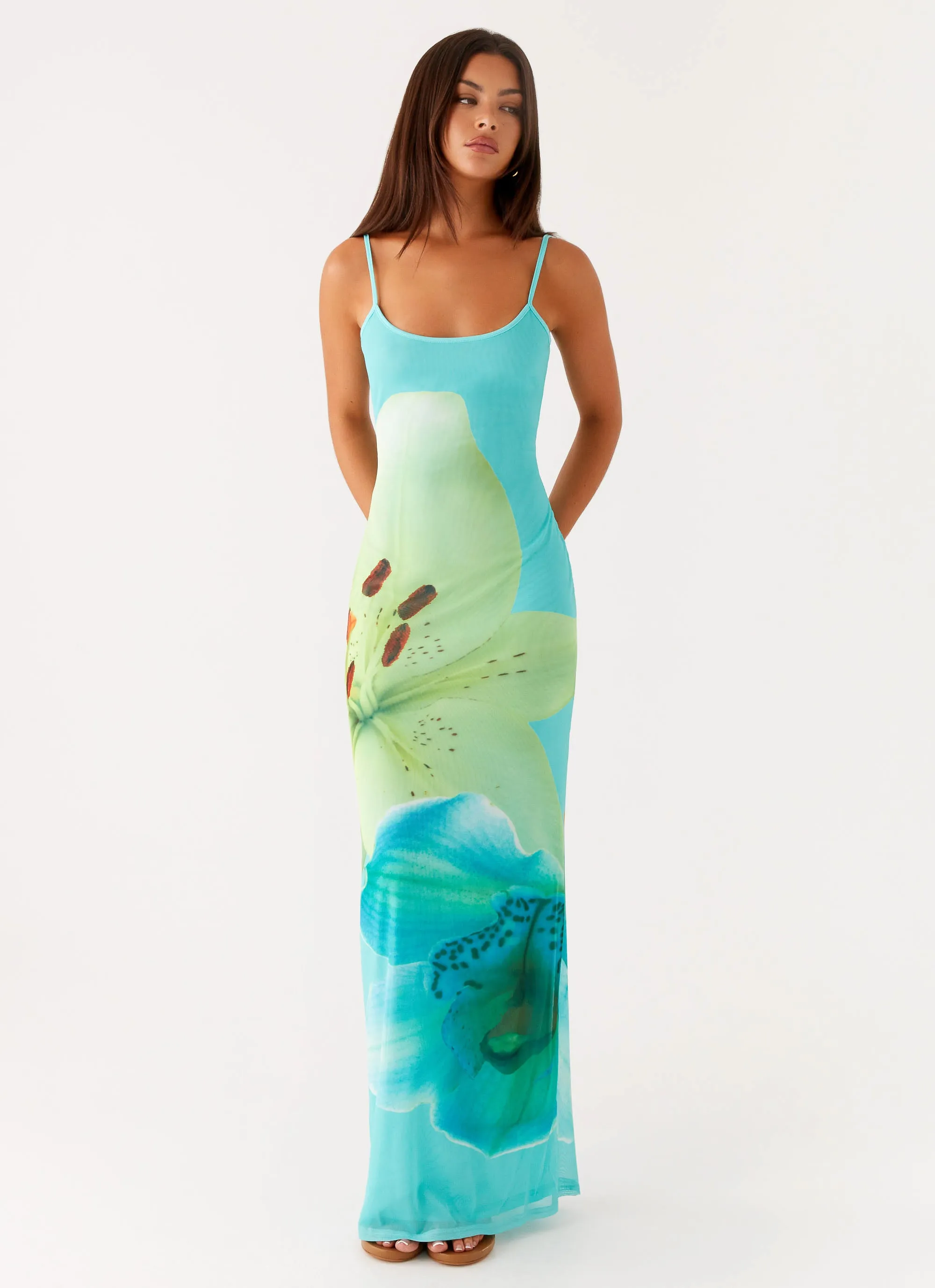 Bad News Mesh Maxi Dress - Turquoise Floral Beaded-Sleeve Natural Style
