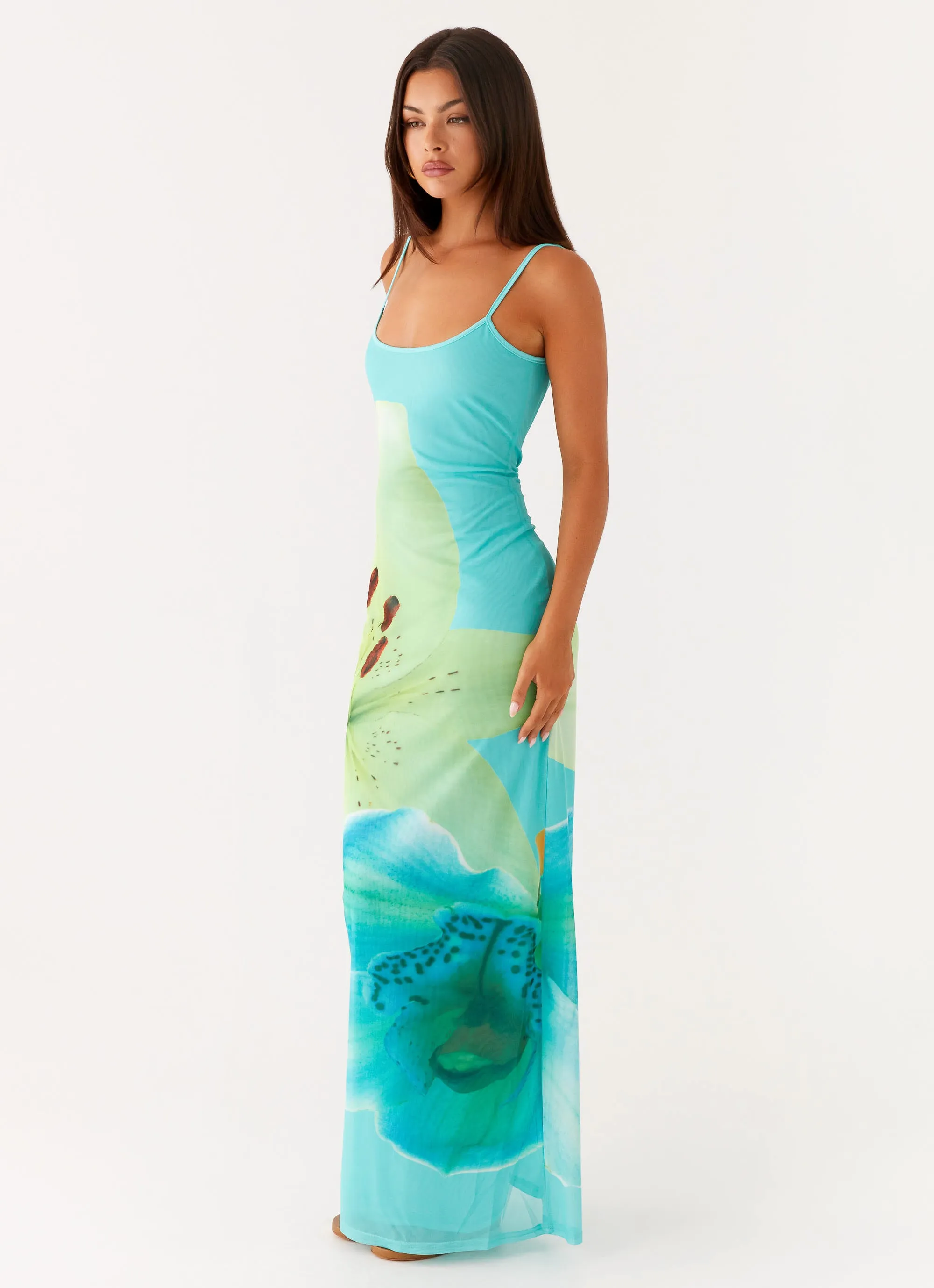 Vibrant Look Bad News Mesh Maxi Dress - Turquoise Floral