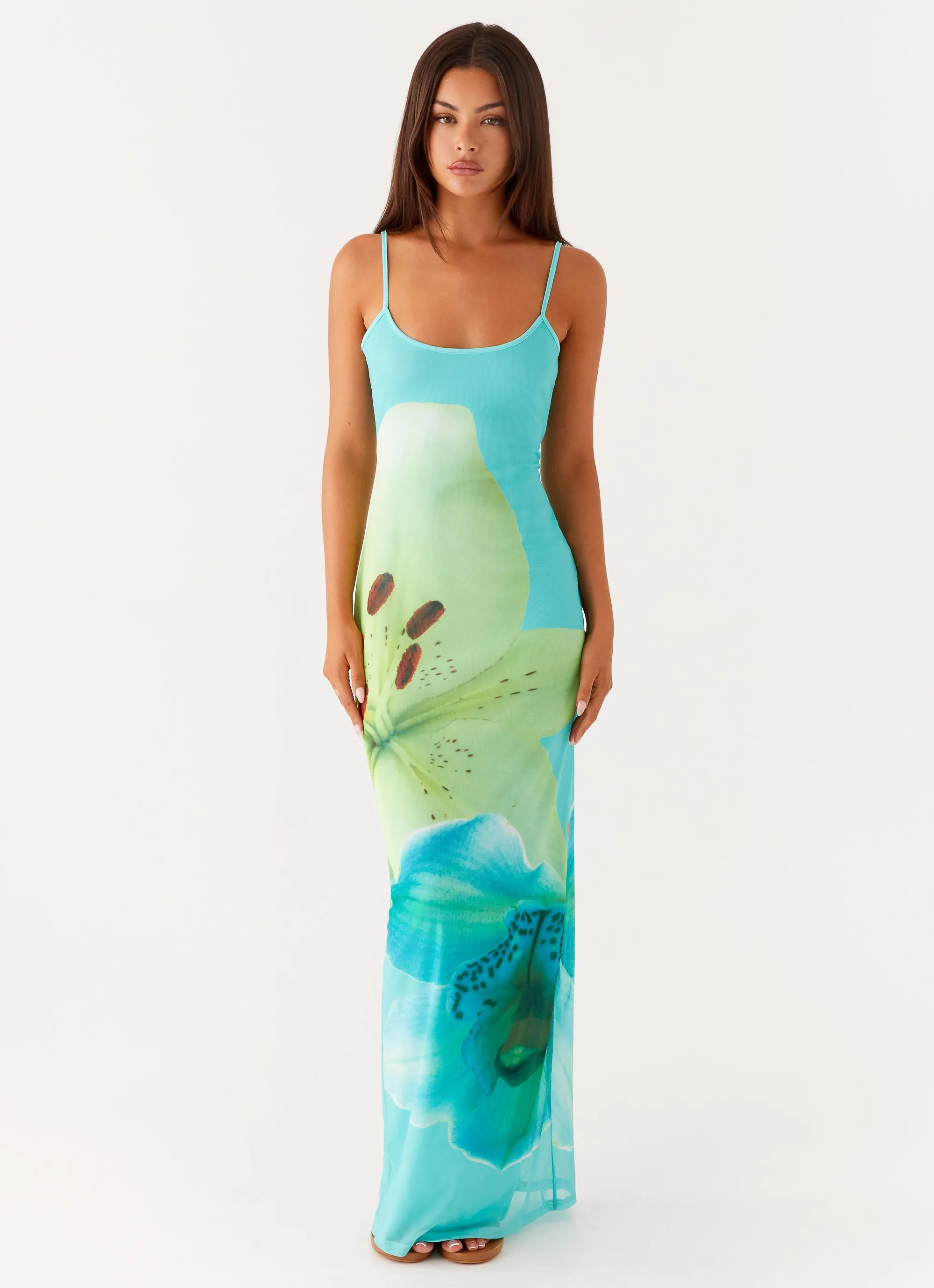 Crisp Silhouette spring fresh Bad News Mesh Maxi Dress - Turquoise Floral