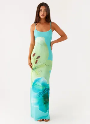 Bad News Mesh Maxi Dress - Turquoise Floral Soft Shine
