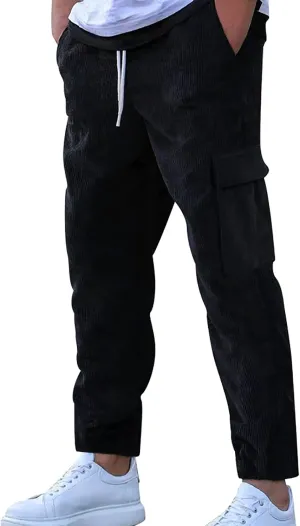 Baggy Corduroy Pants Men Drawstring Elastic Waist Joggers Sweatpants Casual Loose Straight Leg Cargo Pants Streetwear