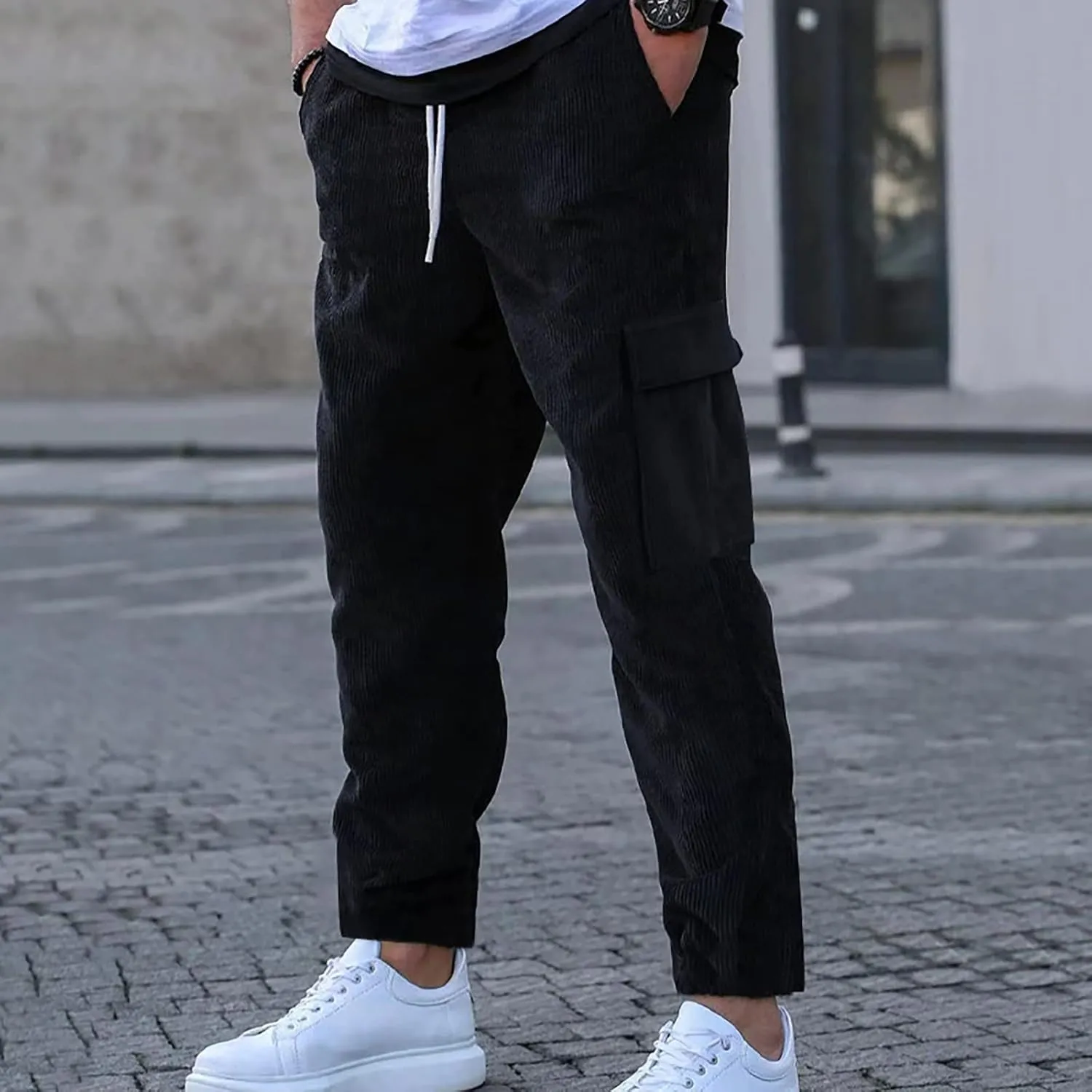 Baggy Corduroy Pants Men Drawstring Elastic Waist Joggers Sweatpants Casual Loose Straight Leg Cargo Pants Streetwear