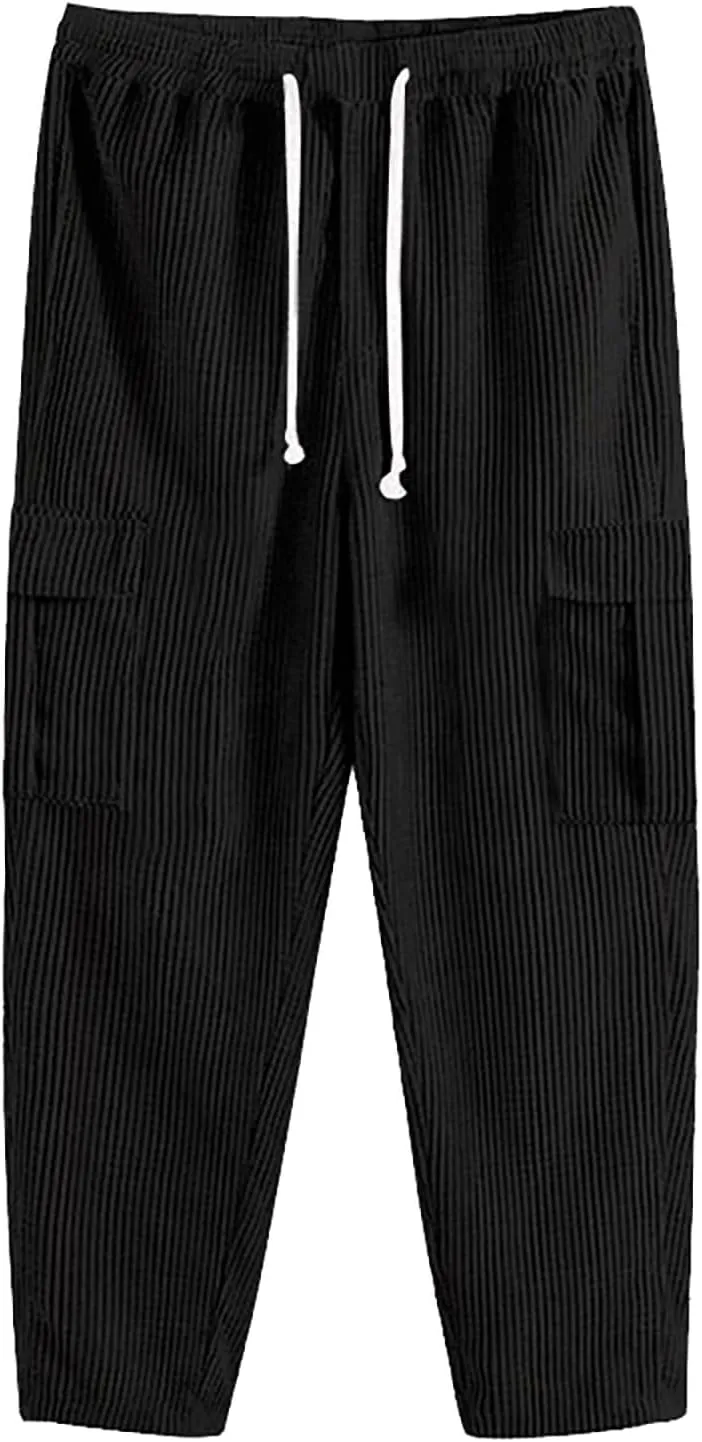 Baggy Corduroy Pants Men Drawstring Elastic Waist Joggers Sweatpants Casual Loose Straight Leg Cargo Pants Streetwear