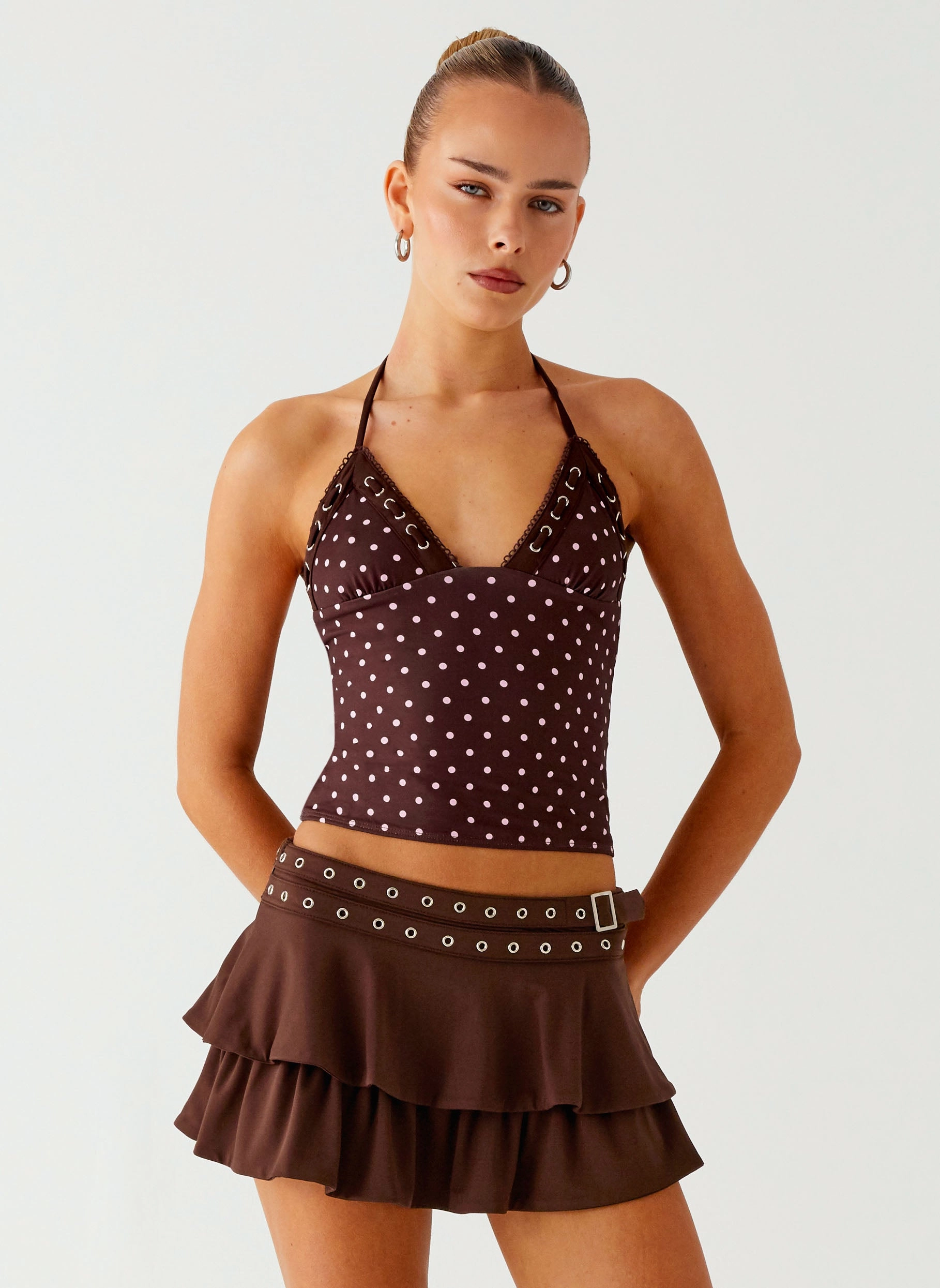 Reverseble Design Bahama Eyelet Lace Up Top - Chocolate Strawberry Dot