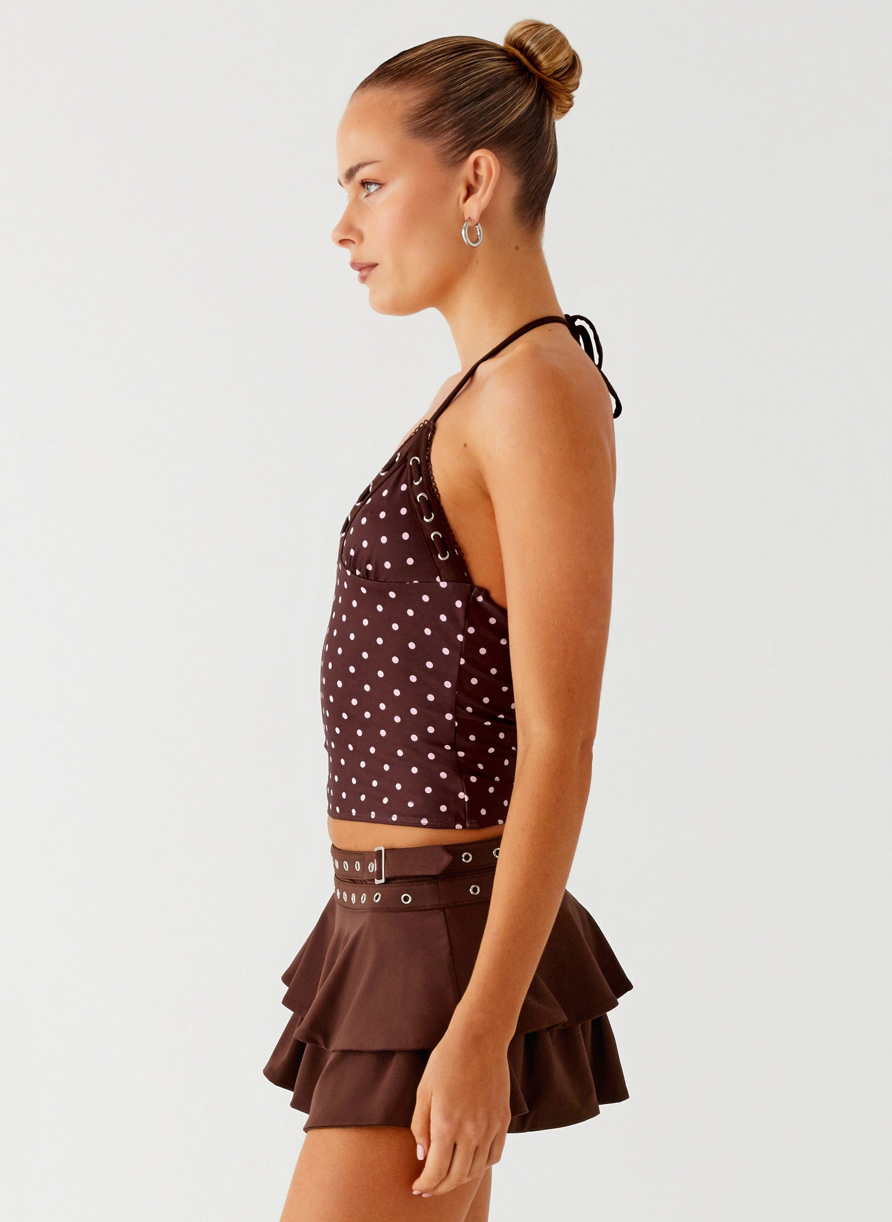 Hydrophobic Threadwork LowImpact Manufacturing Bahama Eyelet Lace Up Top - Chocolate Strawberry Dot