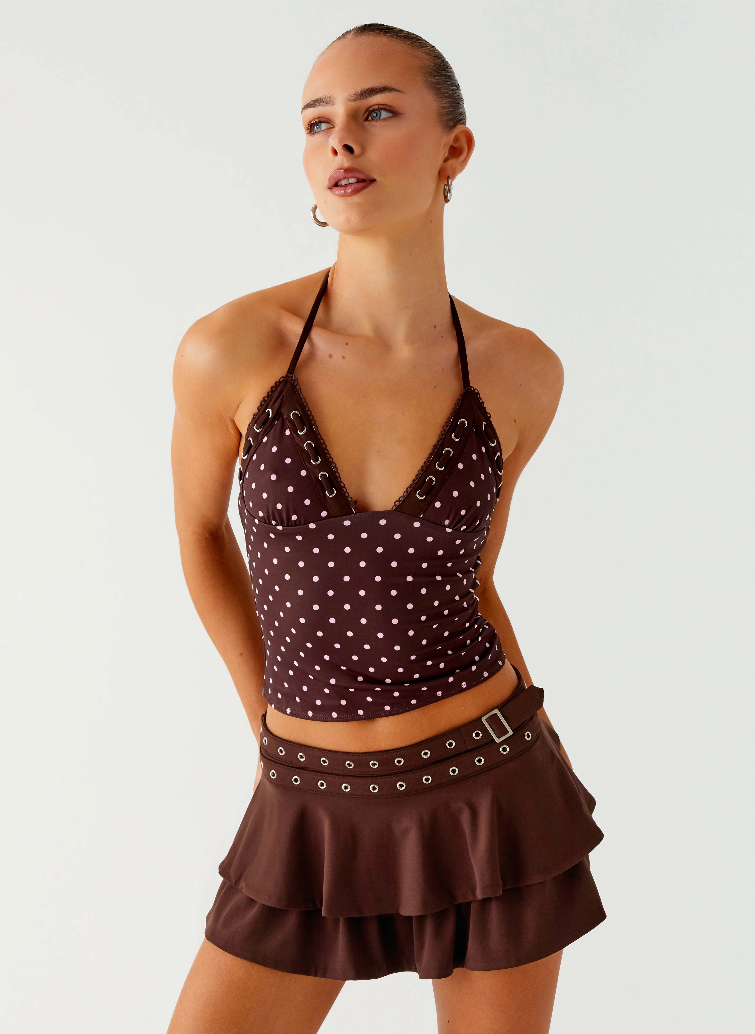 StainResistantFinish Bahama Eyelet Lace Up Top - Chocolate Strawberry Dot
