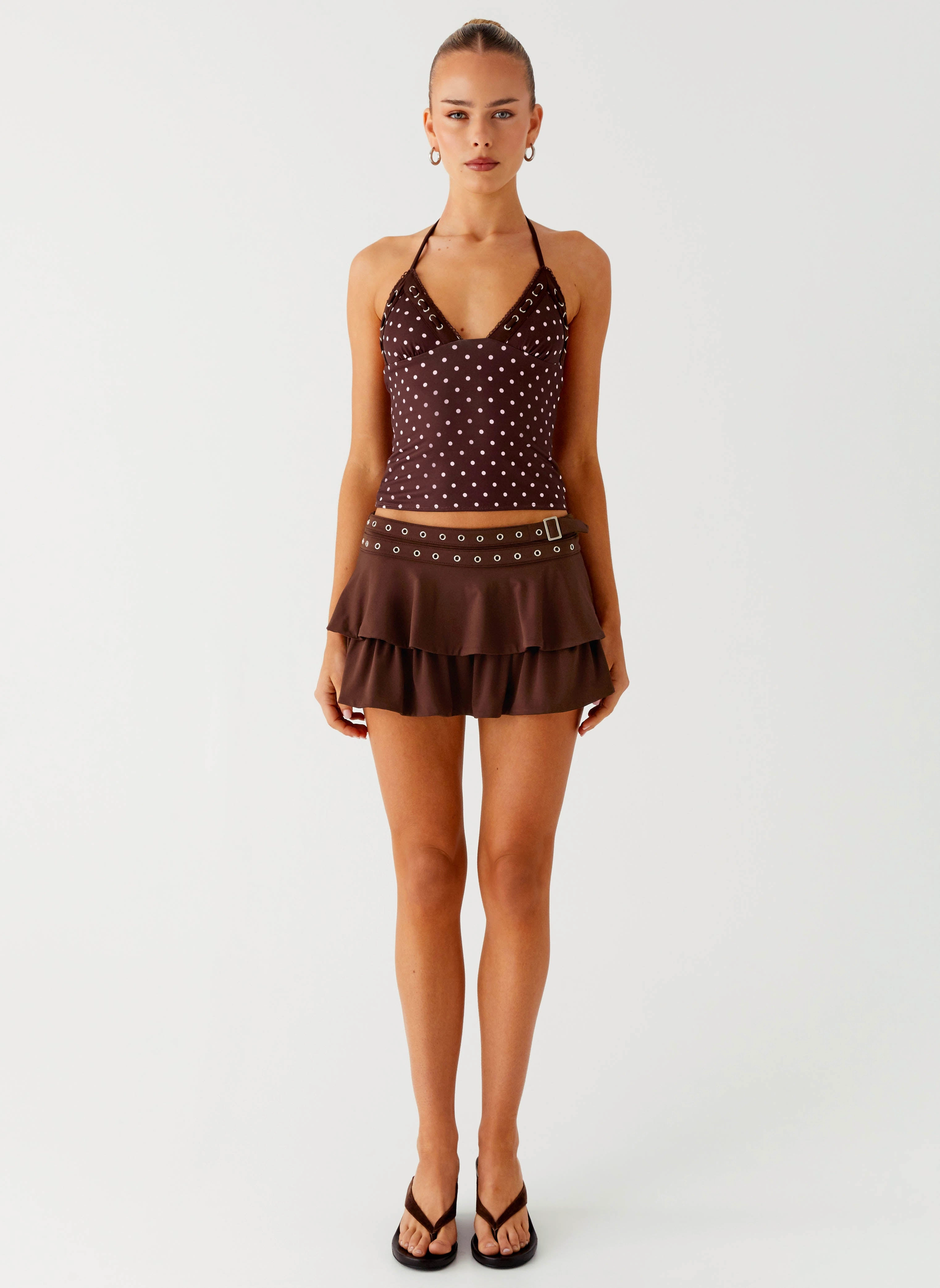 Bahama Eyelet Lace Up Top - Chocolate Strawberry Dot RollUpSleeves