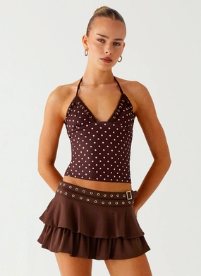 Reverseble Design Bahama Eyelet Lace Up Top - Chocolate Strawberry Dot