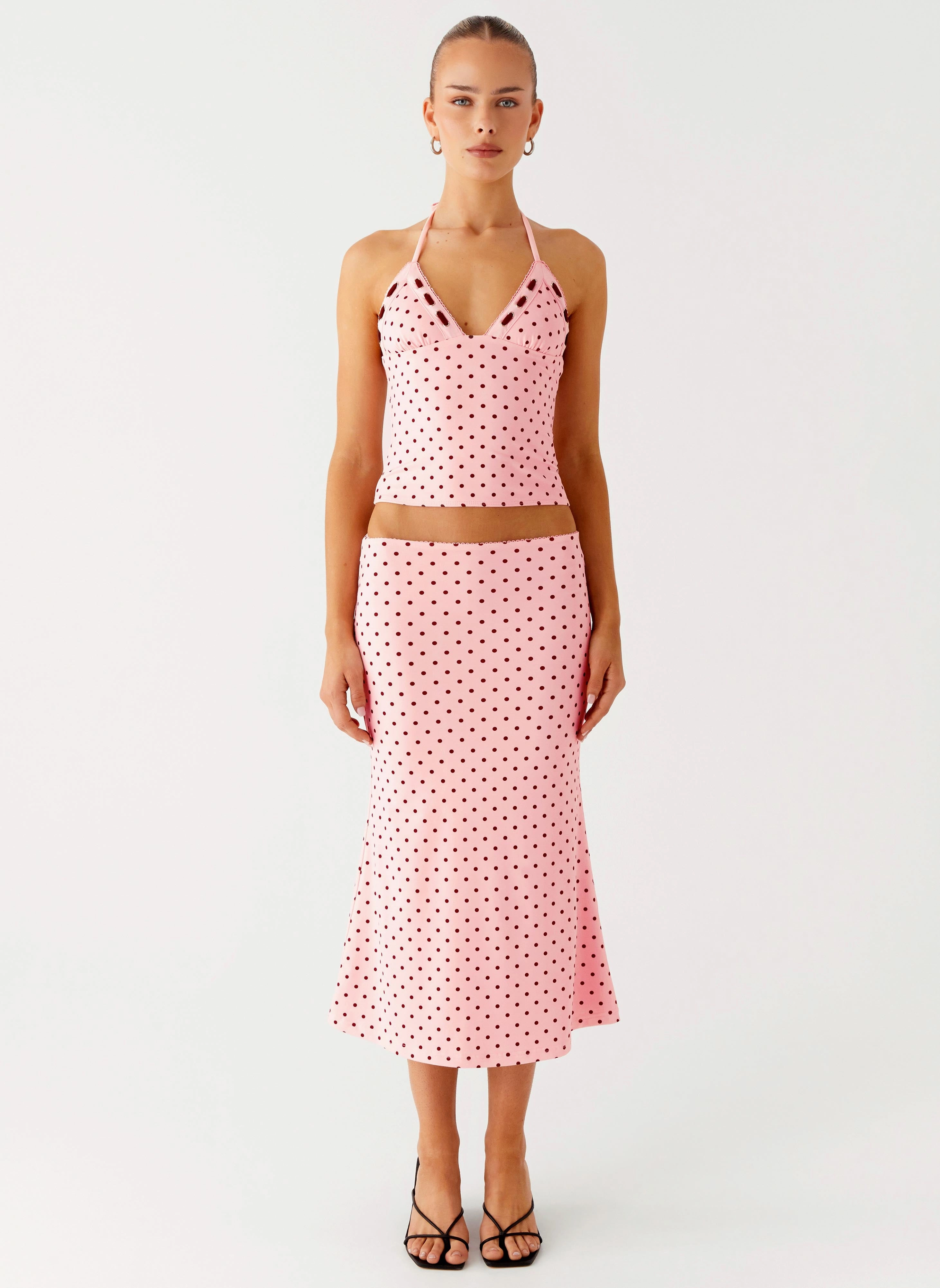 Bahama Low Rise Midi Skirt - Strawberry Dot Chic Look HighDensityWeave