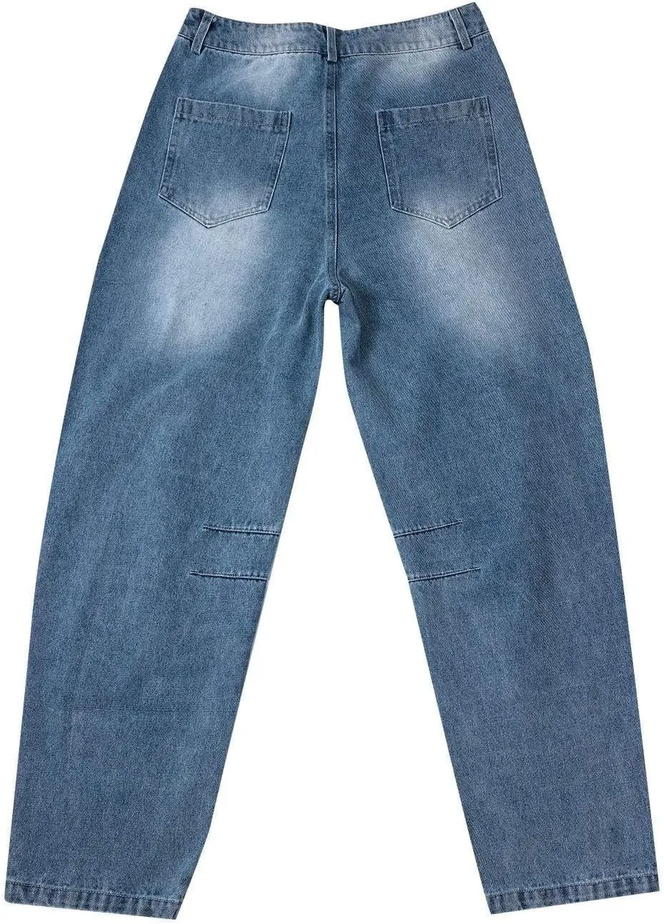 Barrel Jeans for Women Mid Rise Cropped Pants Wide Leg Cheetah Print Boyfriend Jeans Trendy Straight Leg Pants
