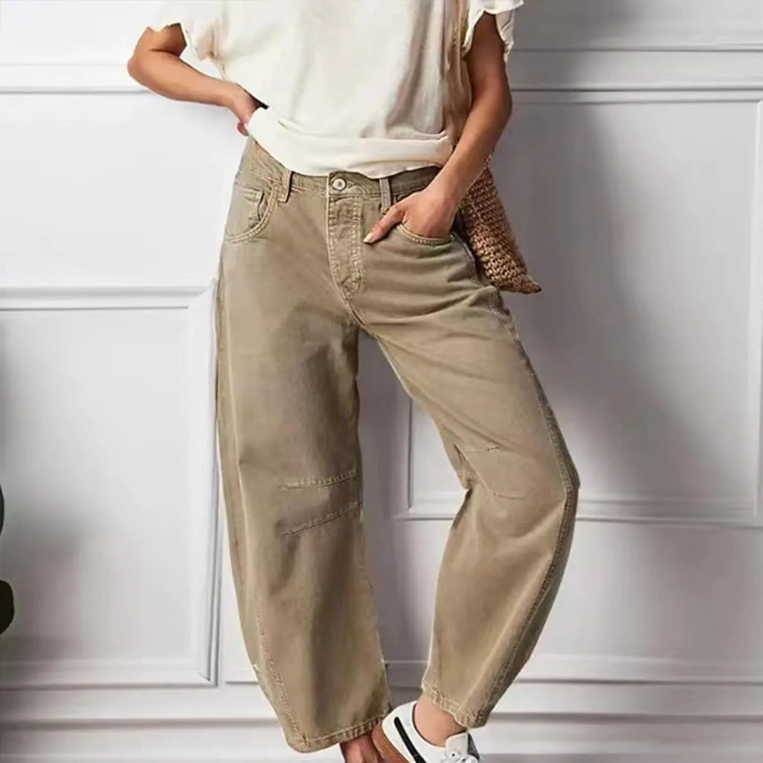 Barrel Jeans for Women Mid Rise Cropped Pants Wide Leg Cheetah Print Boyfriend Jeans Trendy Straight Leg Pants