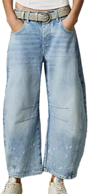 Barrel Jeans for Women Mid Rise Cropped Pants Wide Leg Cheetah Print Boyfriend Jeans Trendy Straight Leg Pants