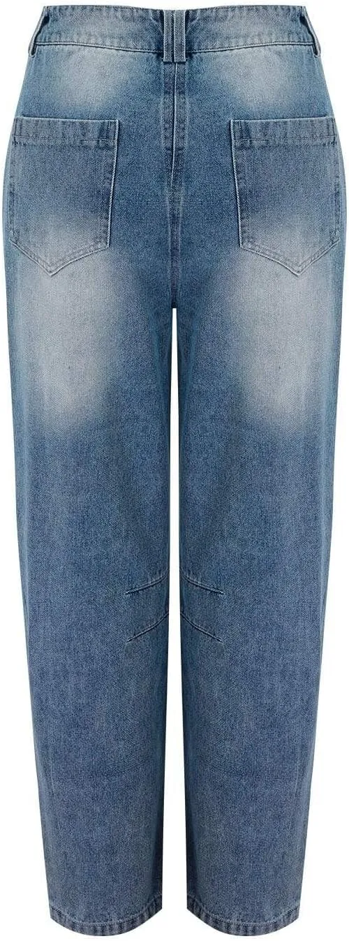 Barrel Jeans for Women Mid Rise Cropped Pants Wide Leg Cheetah Print Boyfriend Jeans Trendy Straight Leg Pants