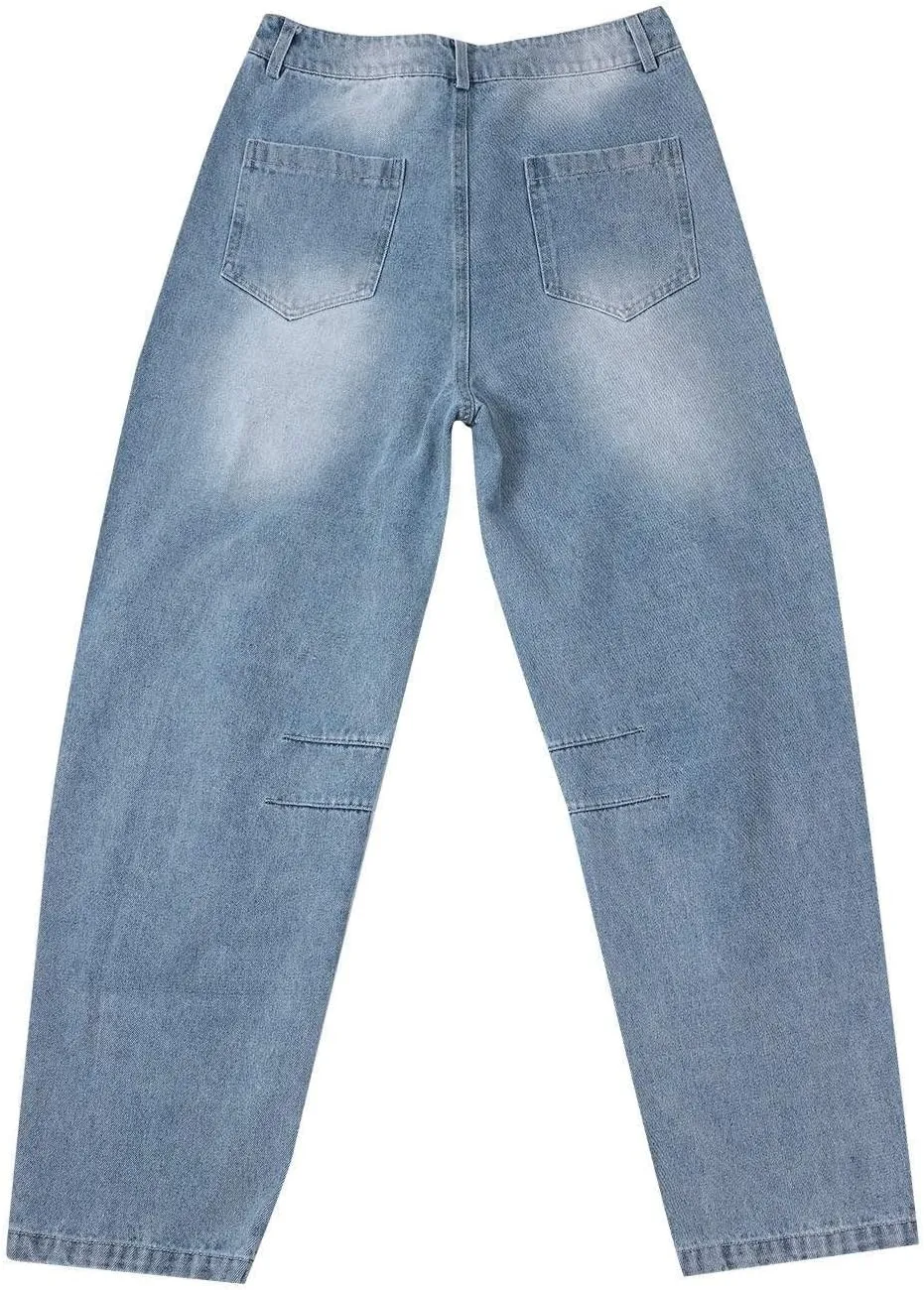 Barrel Jeans for Women Mid Rise Cropped Pants Wide Leg Cheetah Print Boyfriend Jeans Trendy Straight Leg Pants