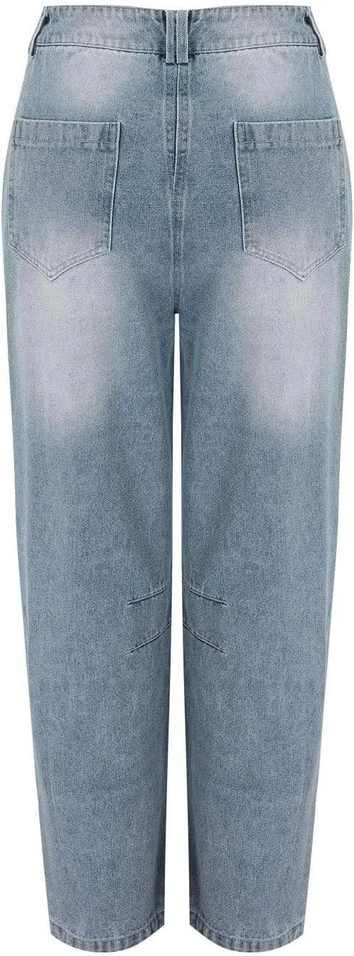 Barrel Jeans for Women Mid Rise Cropped Pants Wide Leg Cheetah Print Boyfriend Jeans Trendy Straight Leg Pants