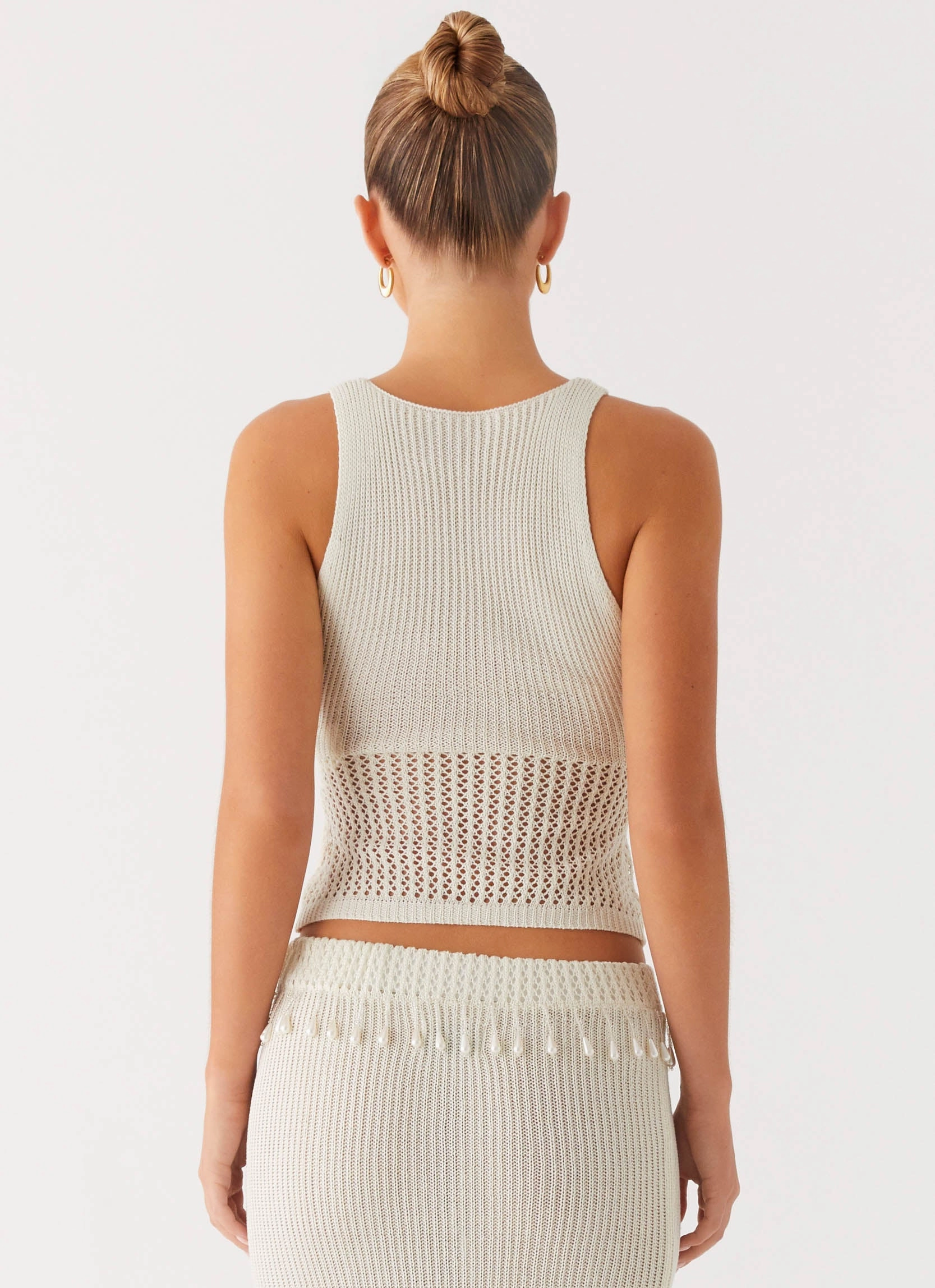 Basilia Knit Top - Off White Breathable mesh panel Layered Collar Structure