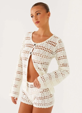 Baylock Crochet Long Sleeve Top - White Soft Cotton Blend