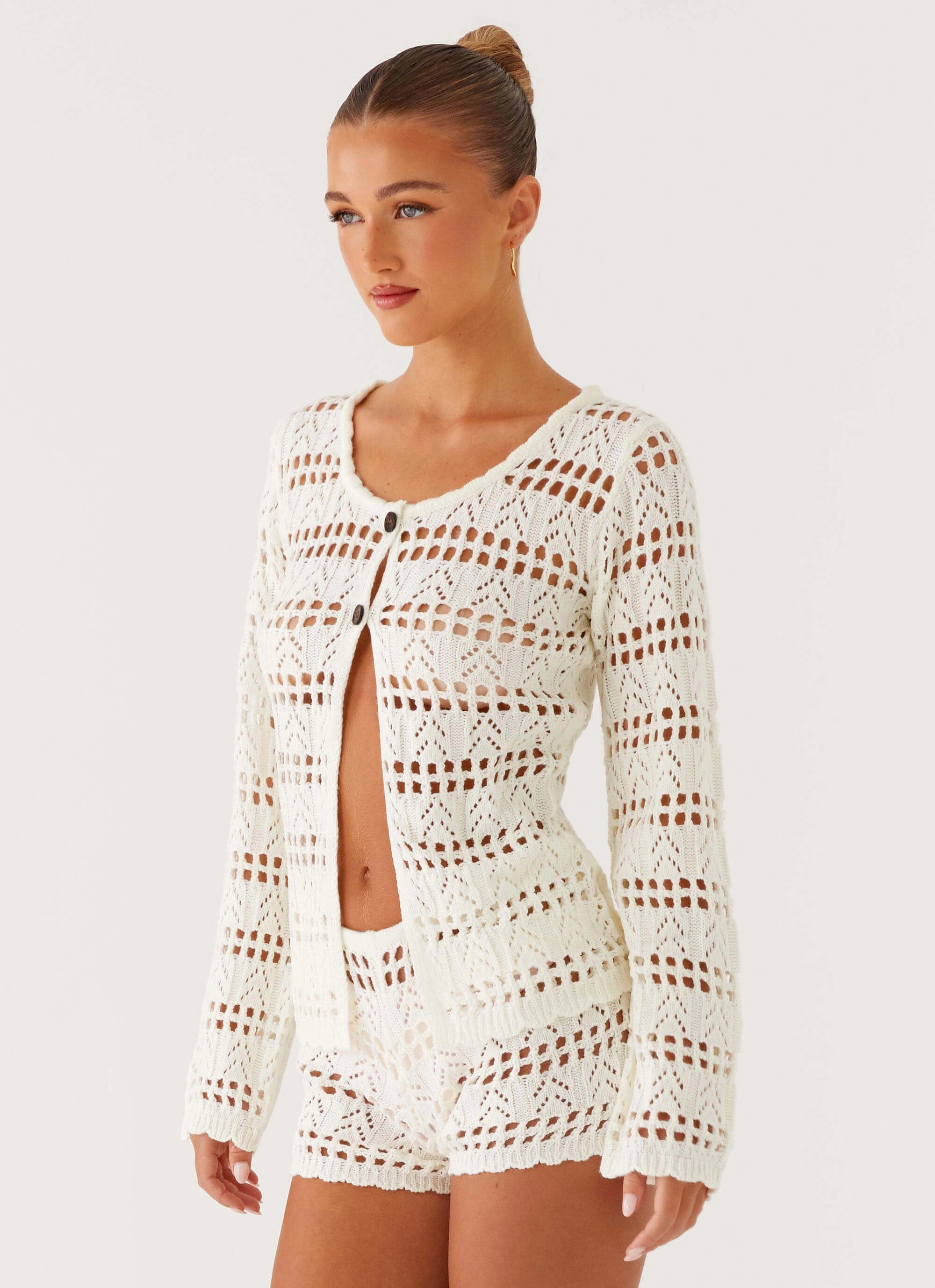 Baylock Crochet Long Sleeve Top - White Oversized Fit LightweightWeave