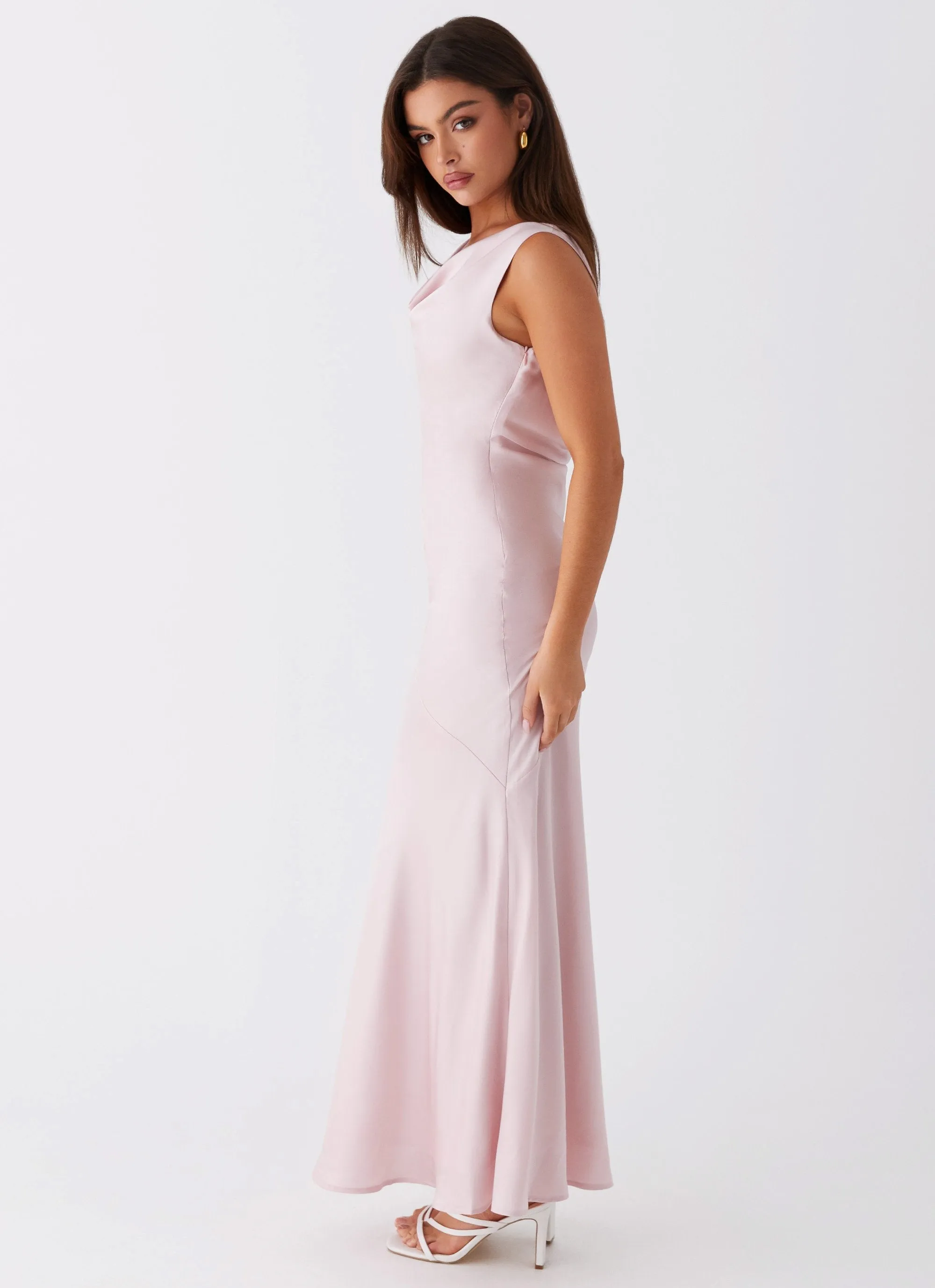 Be Mine Satin Maxi Dress - Mauve Pink Art Spirit Bare Arm