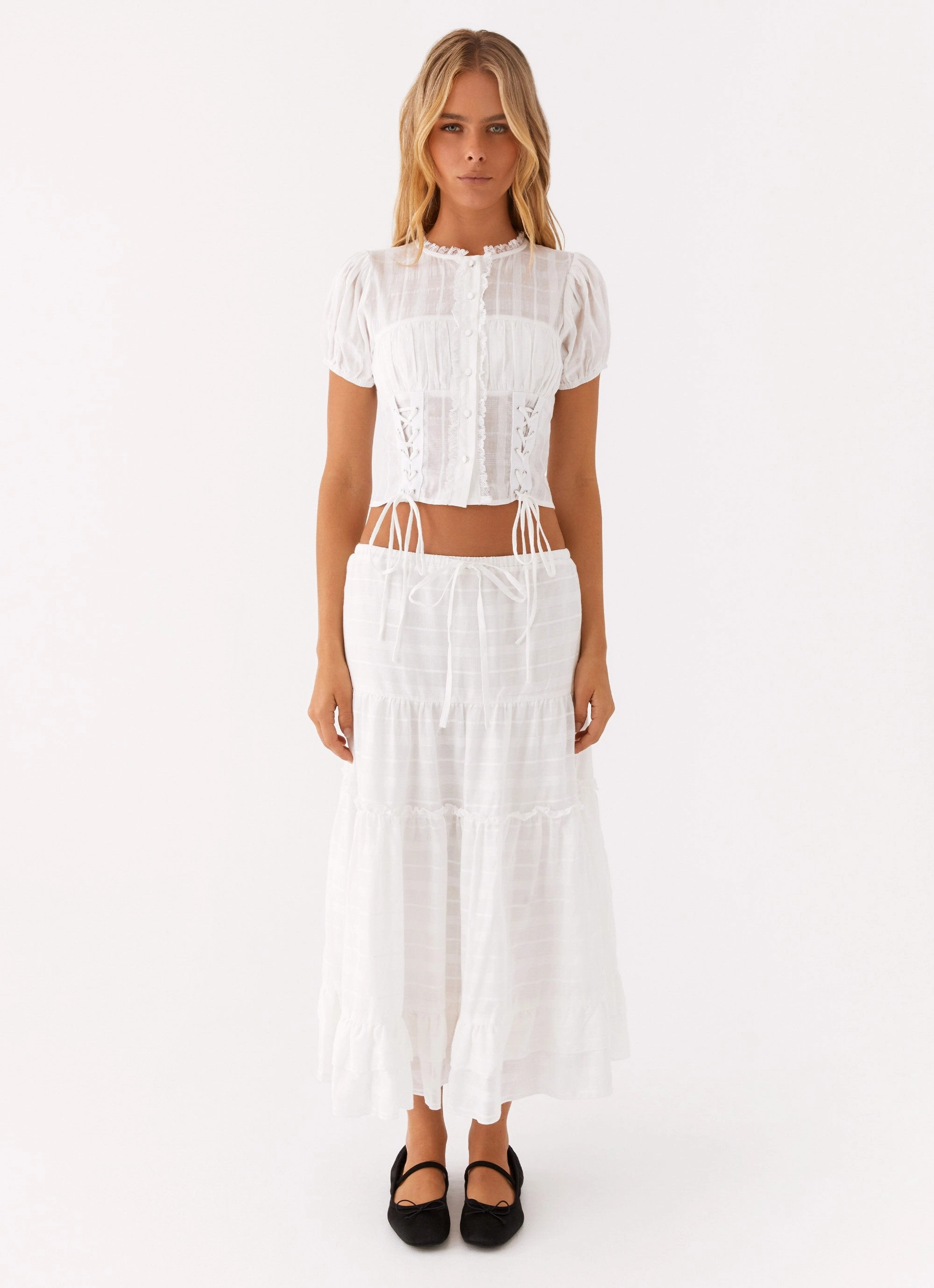 Beatrix Frill Midi Skirt - White Layered Look Wide-leg cut