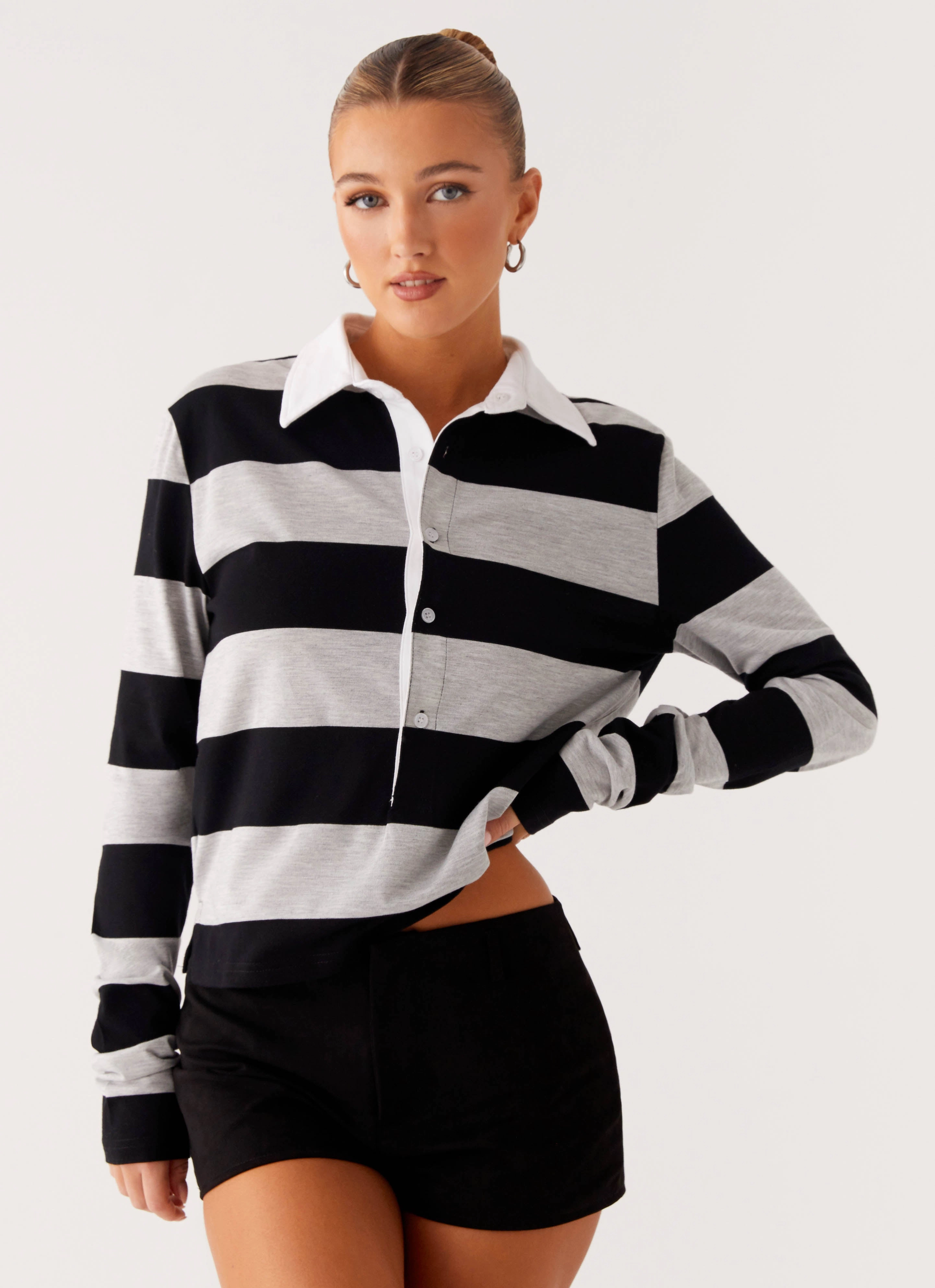 Stretch Waistband Design Beckett Polo Top - Grey Black Stripe