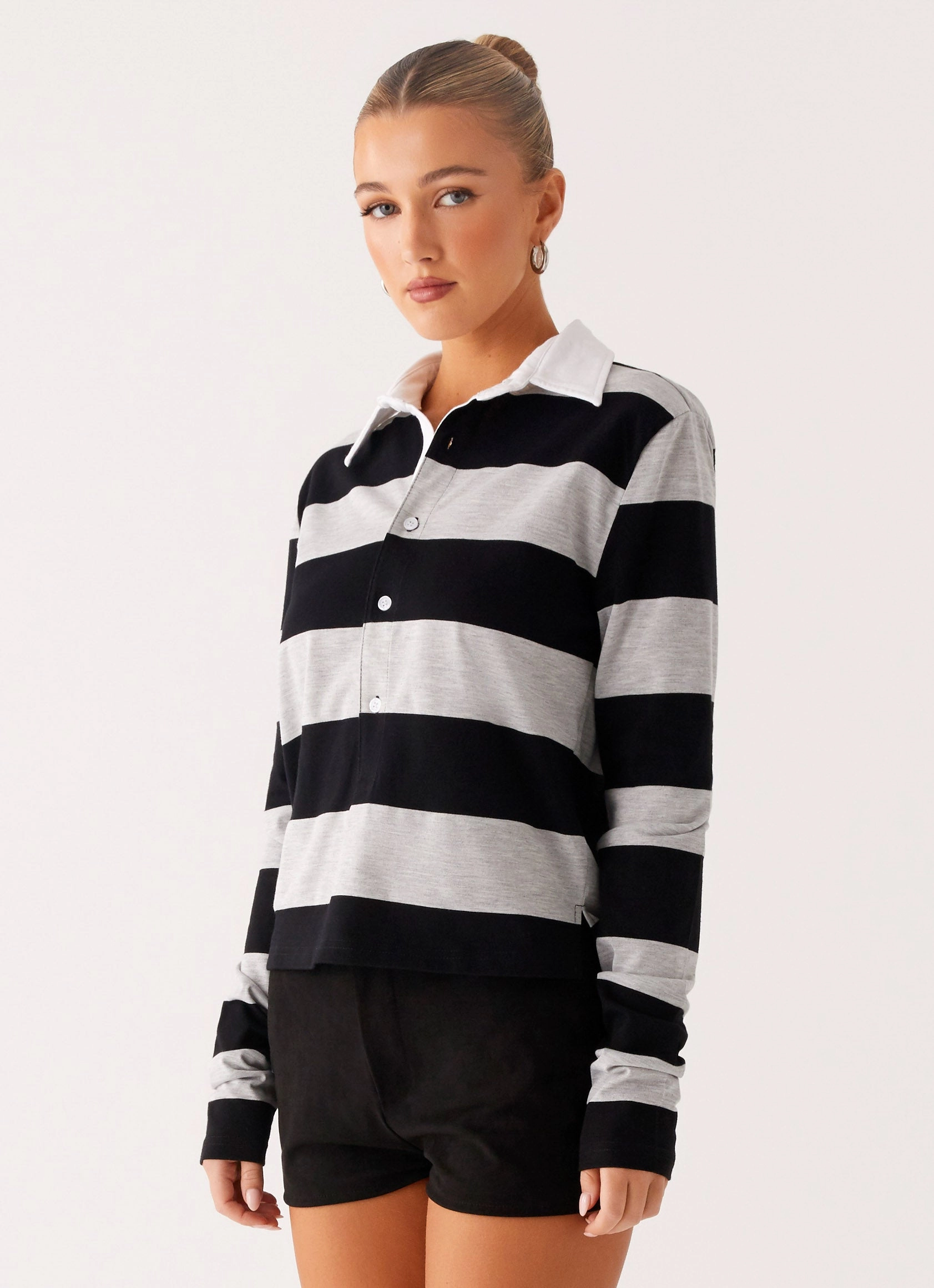 Beckett Polo Top - Grey Black Stripe ReflectiveTrims Tear Resistant Weave