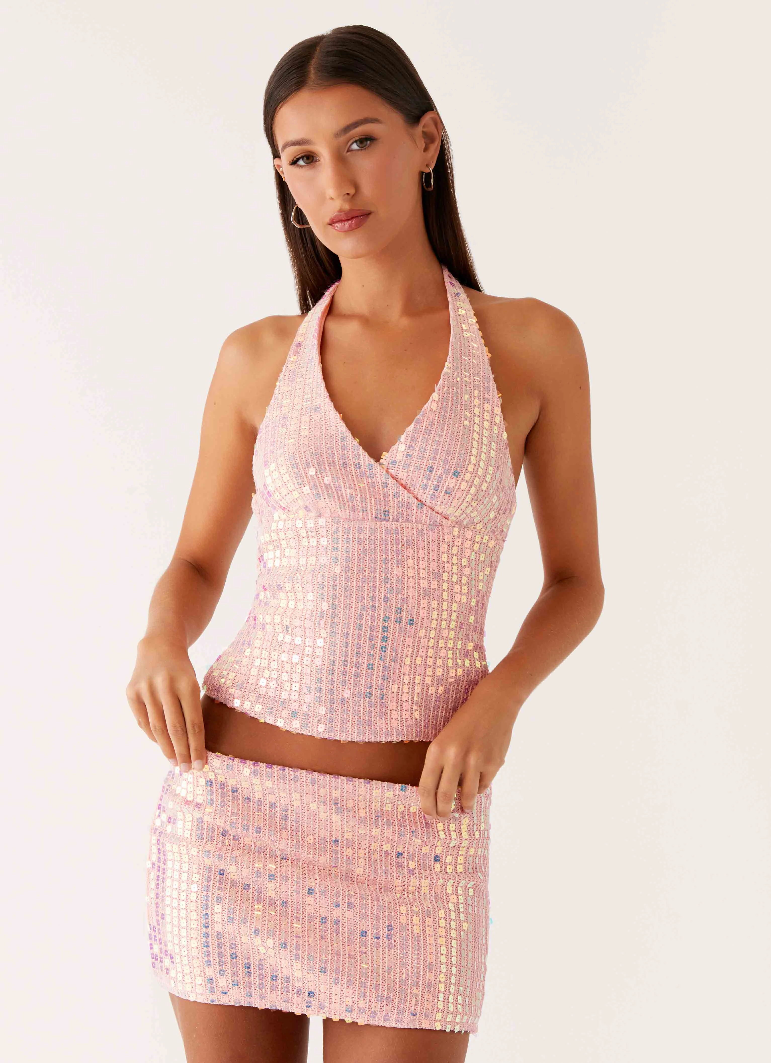 Been That Girl Knit Sequin Mini Skirt - Iridescent Pink Casual Edge