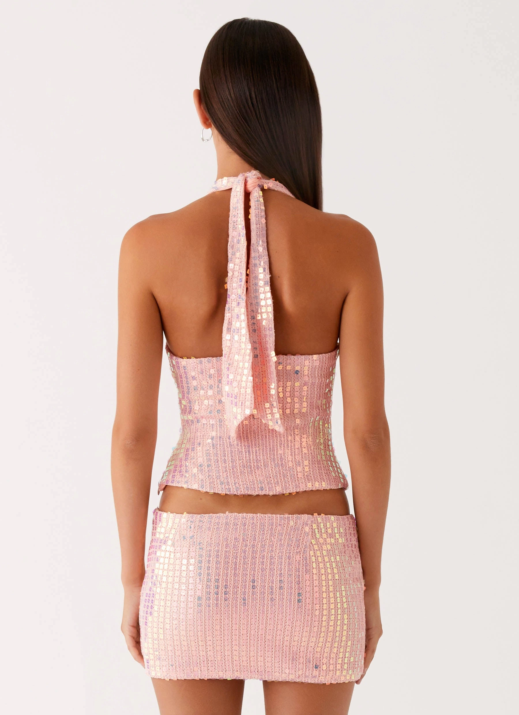 Been That Girl Knit Sequin Mini Skirt - Iridescent Pink Tagless label Bi Stretch Fabric