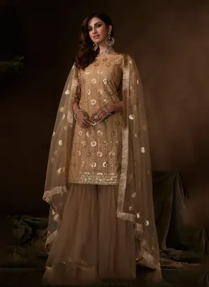 Beige Color Embroidered & Sequin Designer Net Palazzo Suit