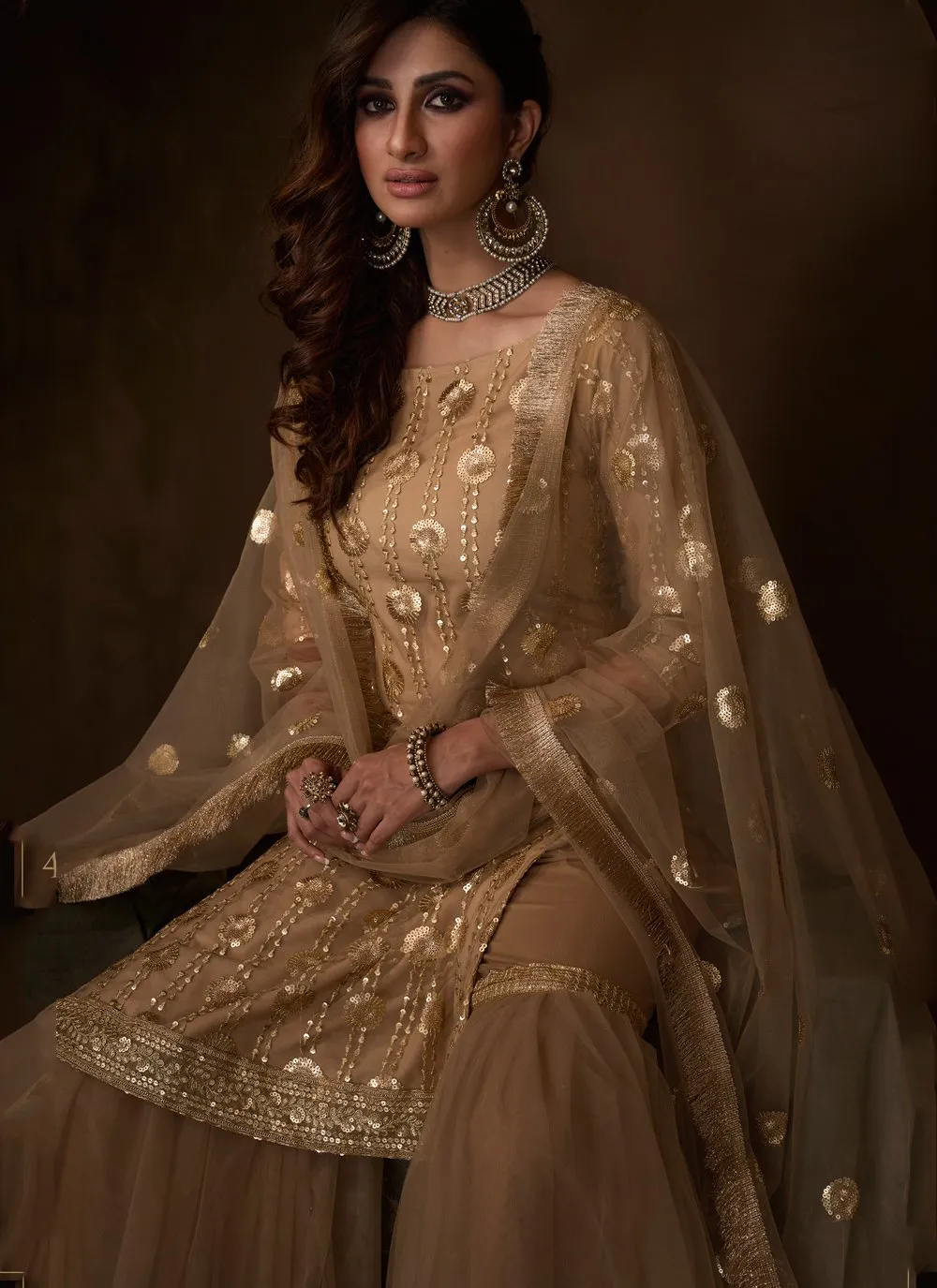 Beige Color Embroidered & Sequin Designer Net Palazzo Suit